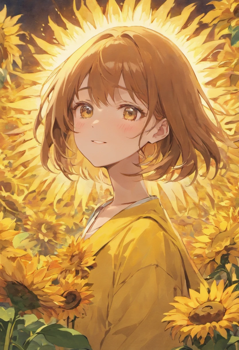 Sun flower、girl with、a smile、eye color is brown、Hair is brown hair、bob