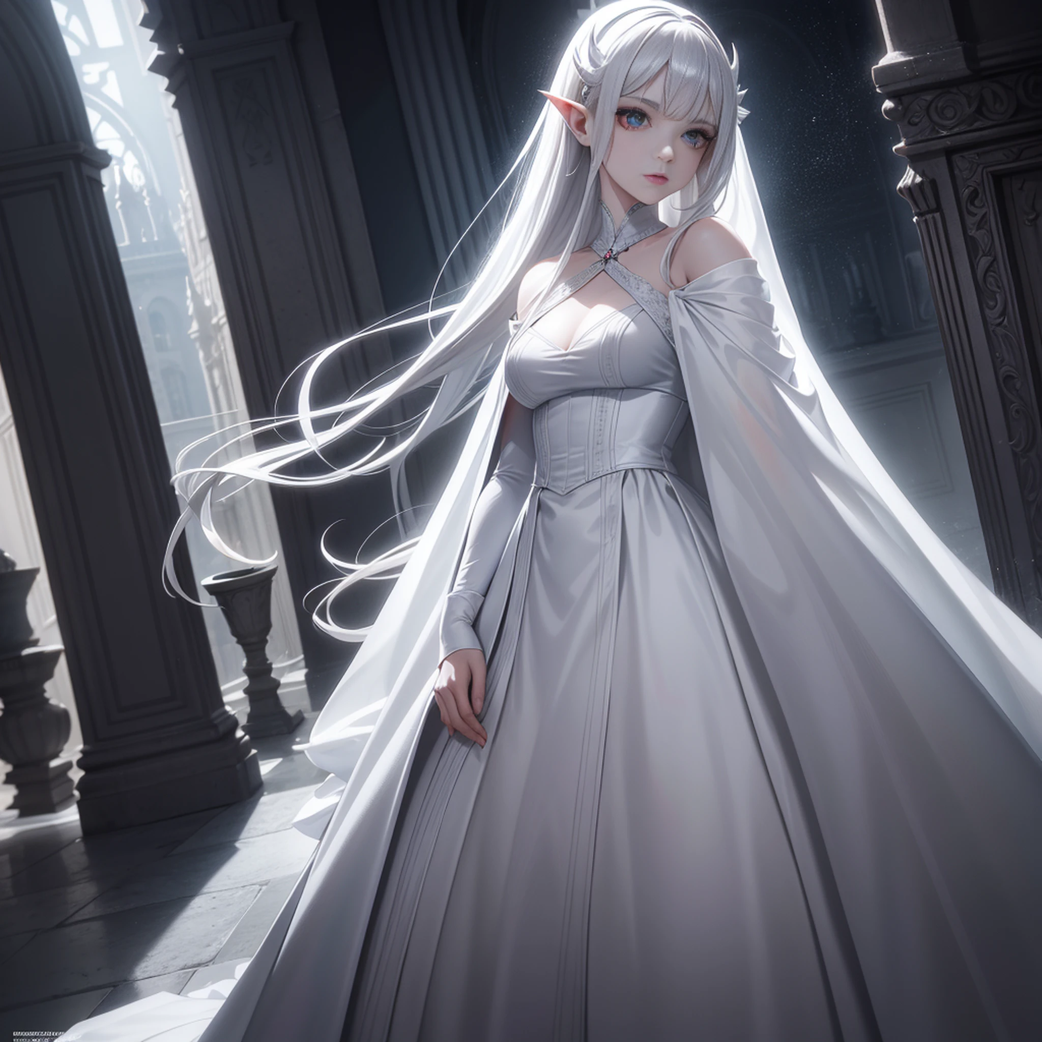 Insanely detailed photograph of a beautiful vampire alien woman, Renascimento, longos cabelos brancos, intrincados olhos brancos, genial, Ethereal, hiperdetalhado, 32k resolution, dynamic lighting, umbigo coberto, hiper detalhado, intrinsecamente detalhado, trending on ArtStation, terno de luxo branco, Volumetric lighting, BalenciagaStyle, Standing full body in front of the castle in the moonlight