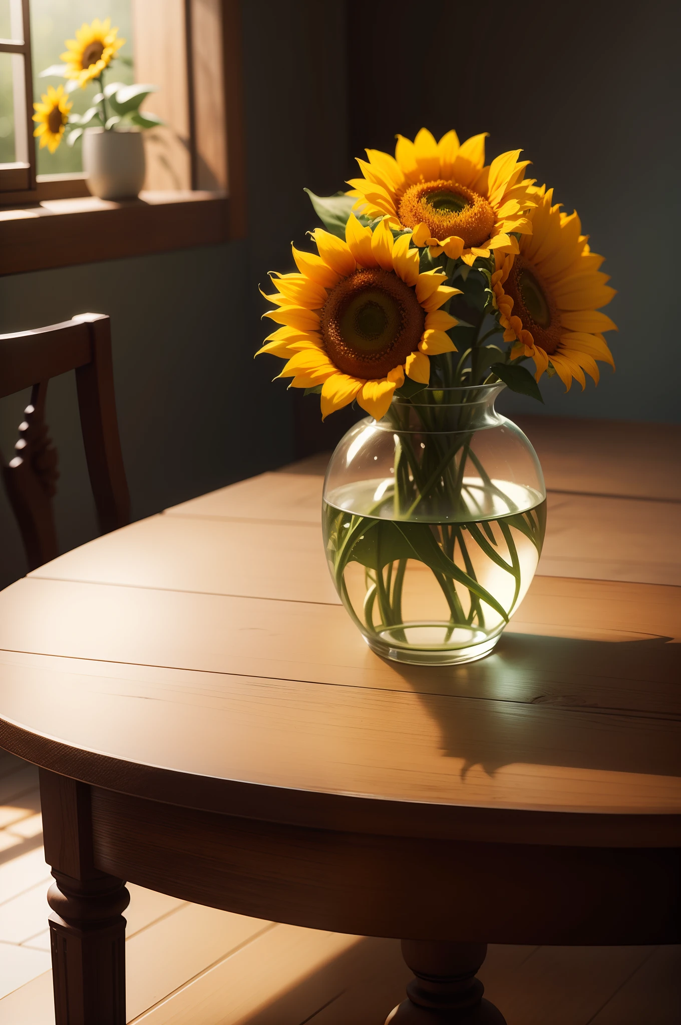 a table with a sunflower vase on top, blurred background + ultra realistic + ultra realistic details + cinematic style + 8k + ultra realistic lighting