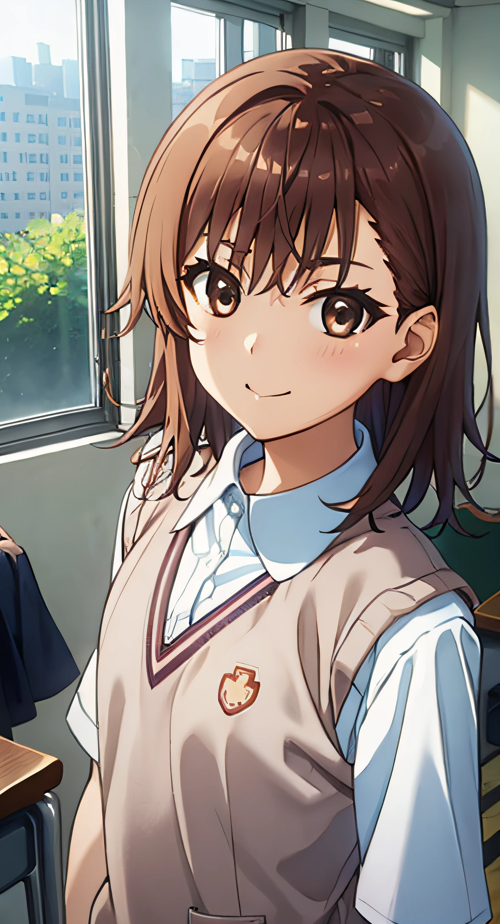 ​masterpiece, top-quality, Misaka_mikoto, Brown-eyed, Look at viewers, 独奏, Short_hair, Closed_Mouth, Collared_Shirt, up looking_で_viewer, School_uniform, The shirt, white_Shirt, Small_Breast, ‎Classroom、japanes、vests、Sweaters & vests、A smile、a junior high school student、cowboy  shot