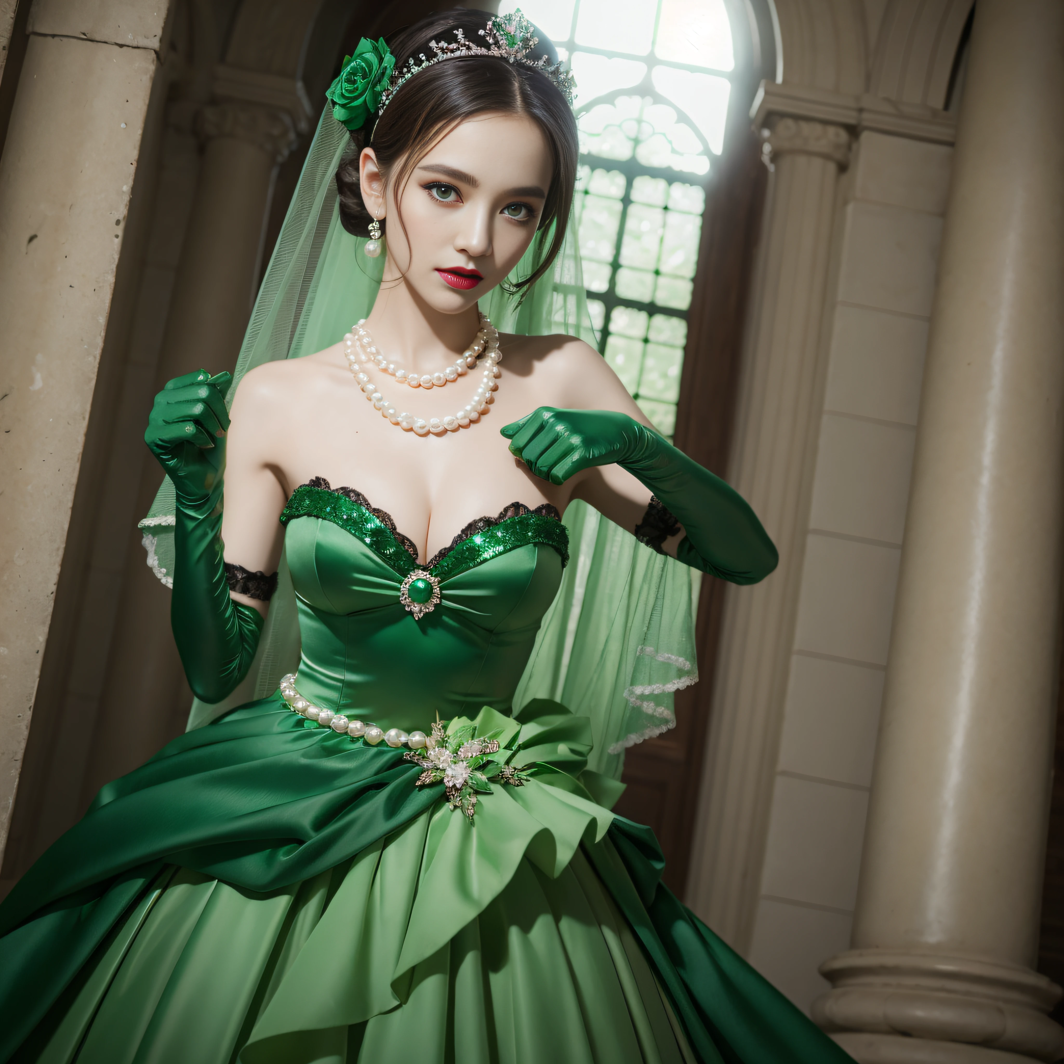 Satin green long gloves,　lipsticks, Pearl Necklace、Green gloves,emerald tiara, Very short hair like a man