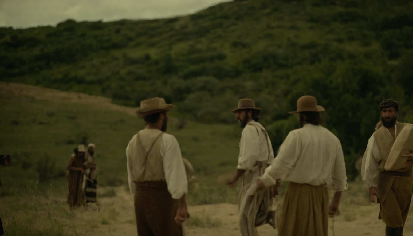 a scene in the wilderness with members of the Jewish people at the time of Christ. Na cena, algumas casas de pedra, typical of that era, se erguem entre as dunas de areia. People are wearing traditional clothes of the time, and it is possible to see everyday activities happening around the houses. Detalhe as roupas, as casas de pedra, the activities and atmosphere of the time."