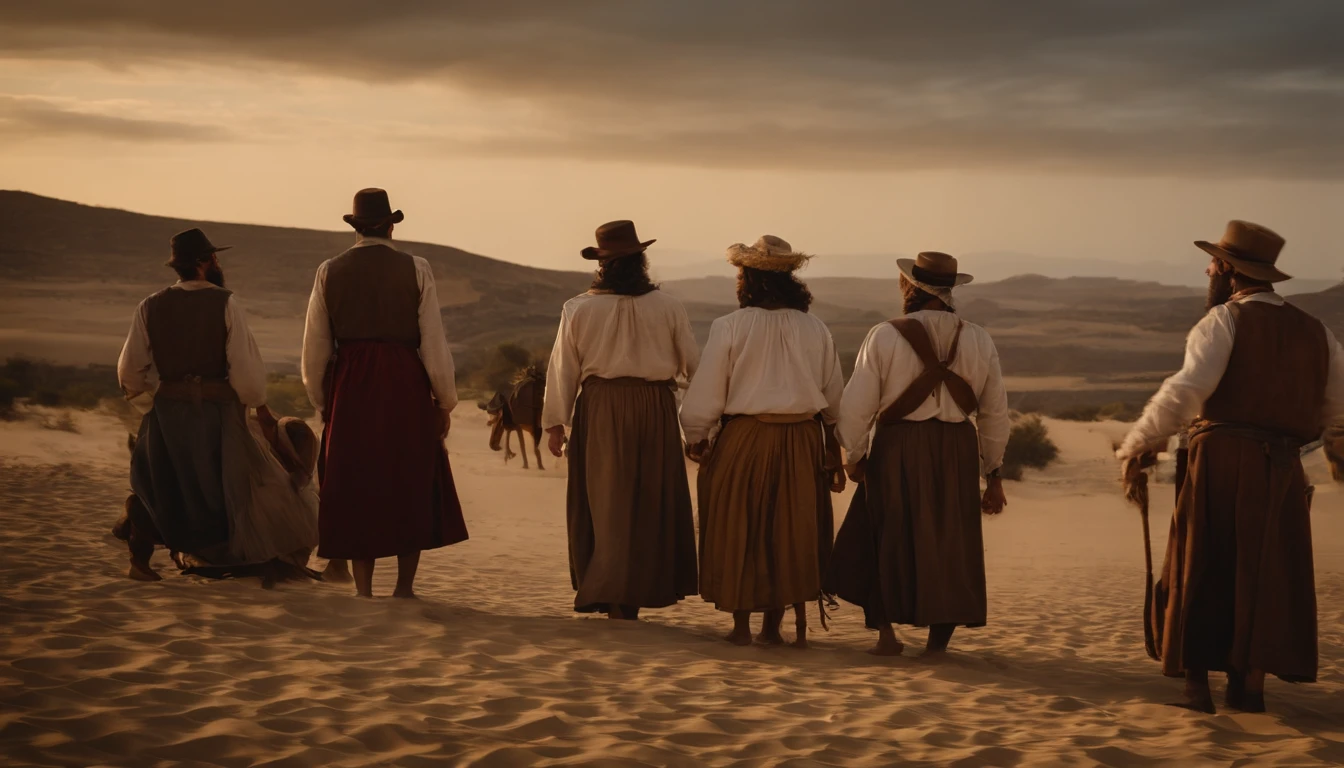 a scene in the wilderness with members of the Jewish people at the time of Christ. Na cena, algumas casas de pedra, typical of that era, se erguem entre as dunas de areia. People are wearing traditional clothes of the time, and it is possible to see everyday activities happening around the houses. Detalhe as roupas, as casas de pedra, the activities and atmosphere of the time."