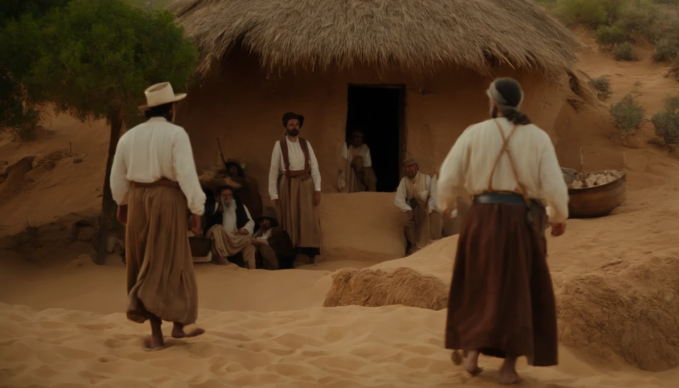 a scene in the wilderness with members of the Jewish people at the time of Christ. Na cena, algumas casas de pedra, typical of that era, se erguem entre as dunas de areia. People are wearing traditional clothes of the time, and it is possible to see everyday activities happening around the houses. Detalhe as roupas, as casas de pedra, the activities and atmosphere of the time."