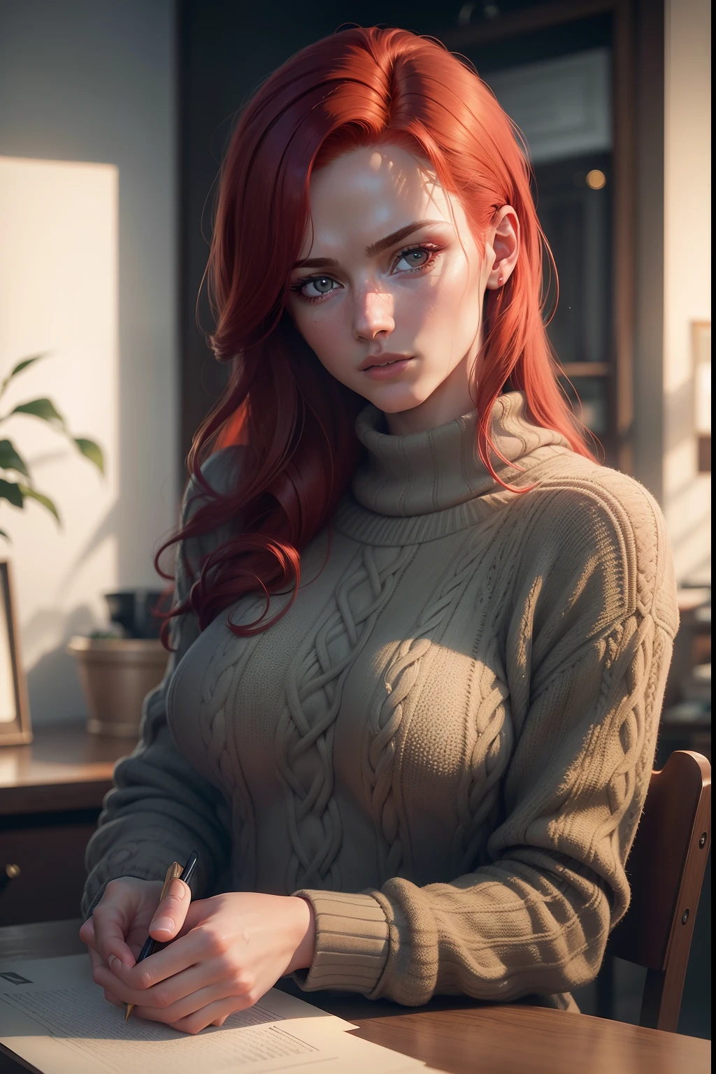 RAW photo of Muirgheal MacCarrick with sweater, red hair, Photorealistic, Hyperrealistic, Hyperdetailed, low cut, detailed skin, soft lighting, subsurface scattering, realistic, heavy shadow, masterpiece, best quality, ultra realistic, 8k, golden ratio, Intricate, High Detail, film photography, soft focus