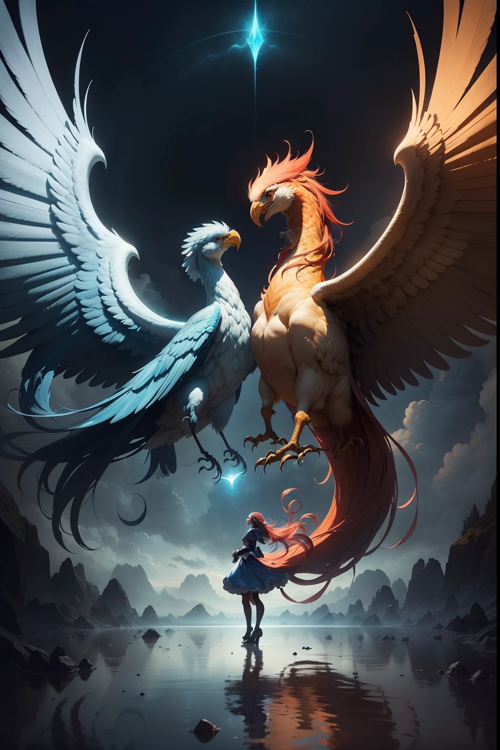 A true masterpiece of visual composition. No centro, a majestic Phoenix emerges from the horizon, with their feathers resembling pages from an open book. Around the Phoenix, uma rosa vermelha desabrocha, com gotas de orvalho caindo sobre ela. Uma coruja paira no topo, observando atentamente. The composition is marked by vibrant colors in shades of blue, LARANJA E VERMELHO, criando uma atmosfera surreal. Mystical characters and magical elements dance around, illuminated by an ethereal light.

This image represents resilience, passion, sabedoria e a magia das palavras contidas no livro, inviting the reader to explore a poetic world full of emotions and deep reflections. It's detailed, high-quality coverage, captivating to a broad audience that appreciates poetry as a form of artistic expression and philosophy.