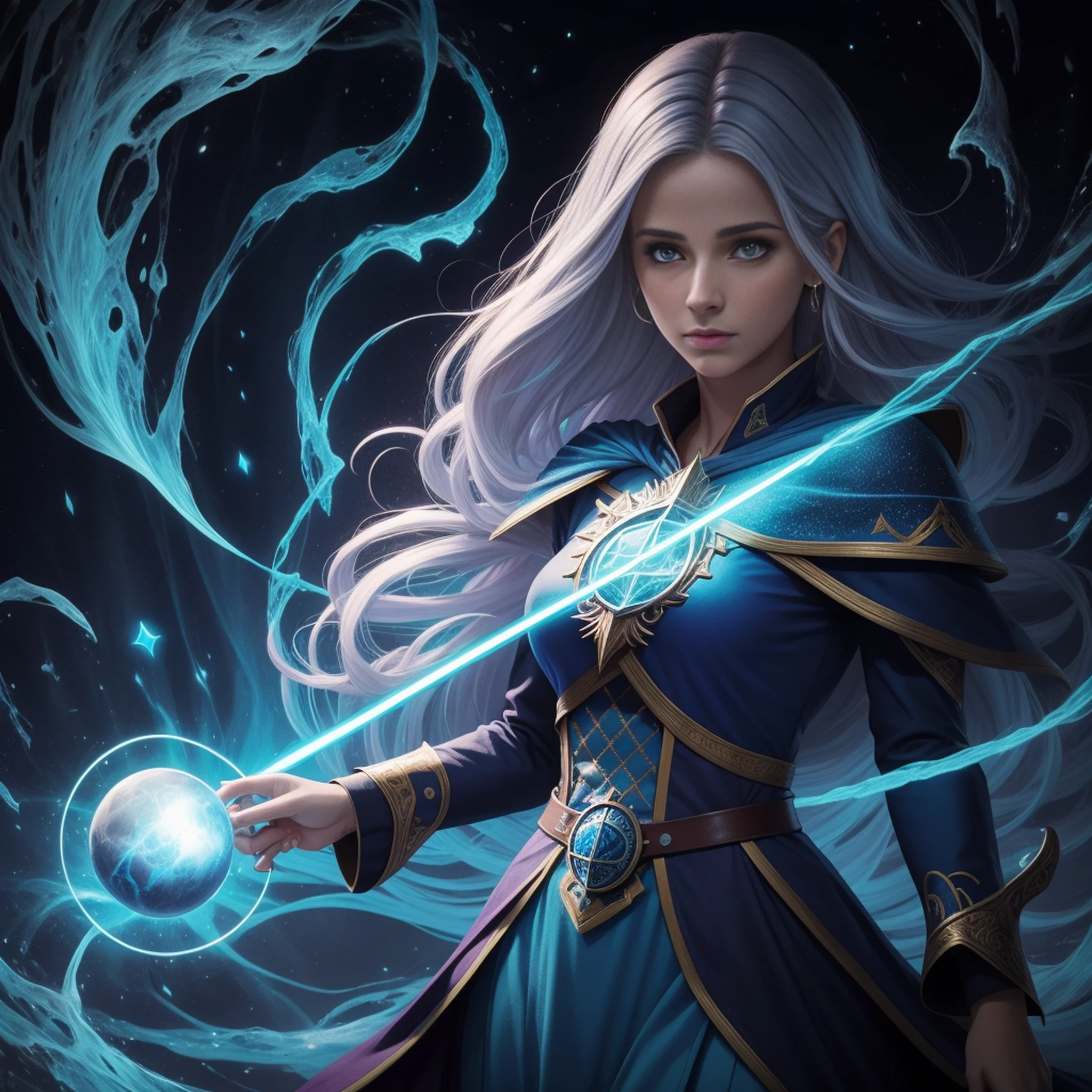 uma mulher com uma capa azul segurando uma bola brilhante, mago feminino, Retrato de um mago feminino, Female mage conjuring a spell, mago feminino!, Epic Character Wizard Girl, Arte do Jogo de Cartas de Fantasia, mago, Graphic artist Magali Villeneuve, Retrato de um Mago, feiticeira, mago da fantasia, feiticeira bonita, uma bela feiticeira