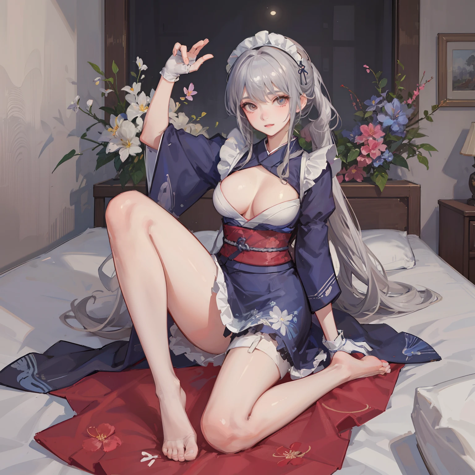 "((1 girl in)、(Long grey hair+silber hair:1.2)、(Lori+beautiful Clothes)、Perfectly beautiful、robe blanche、Goddess Pixiv、seductiv)、(Dynamic table pose)、(cute little)、(The background is unknown)、hight resolution。」(((1个Giant Breast Girl)),Ray traching,(dim murky lights),[detailedbackground(Bedrooms)),((Silvery hair)),((Silvery hair)),(((((Fluffy silver hair,plump and slender girl))Wears a high ponytail)))Avoid golden eyes in the ominous bedroom((((The girl wears a short white skirt and light-colored stockings)There are also white ruffled bow gloves),It shows a delicate and slender figure and beautiful curves,Correct limbs,Lie down in bed,Best Quality in 4K, (Extremely detailed: 1.5), masutepiece, 超A high resolution,(photographrealistic:1.4), 1 ADLT female, Cowboy Shot, (Wear battle armor:1.6), (Blue kimono with floral pattern:1.6), (maid:1.6), Blue Maid Microskirt, Holding a spear, Cheerful, Blue hair, (bob cuts:1.2), Curly hair, (Big eyes:1.1), (Raw feet:1.3),Big breasts, Wind, Dynamic Angle, Dynamic Pose, cloaks