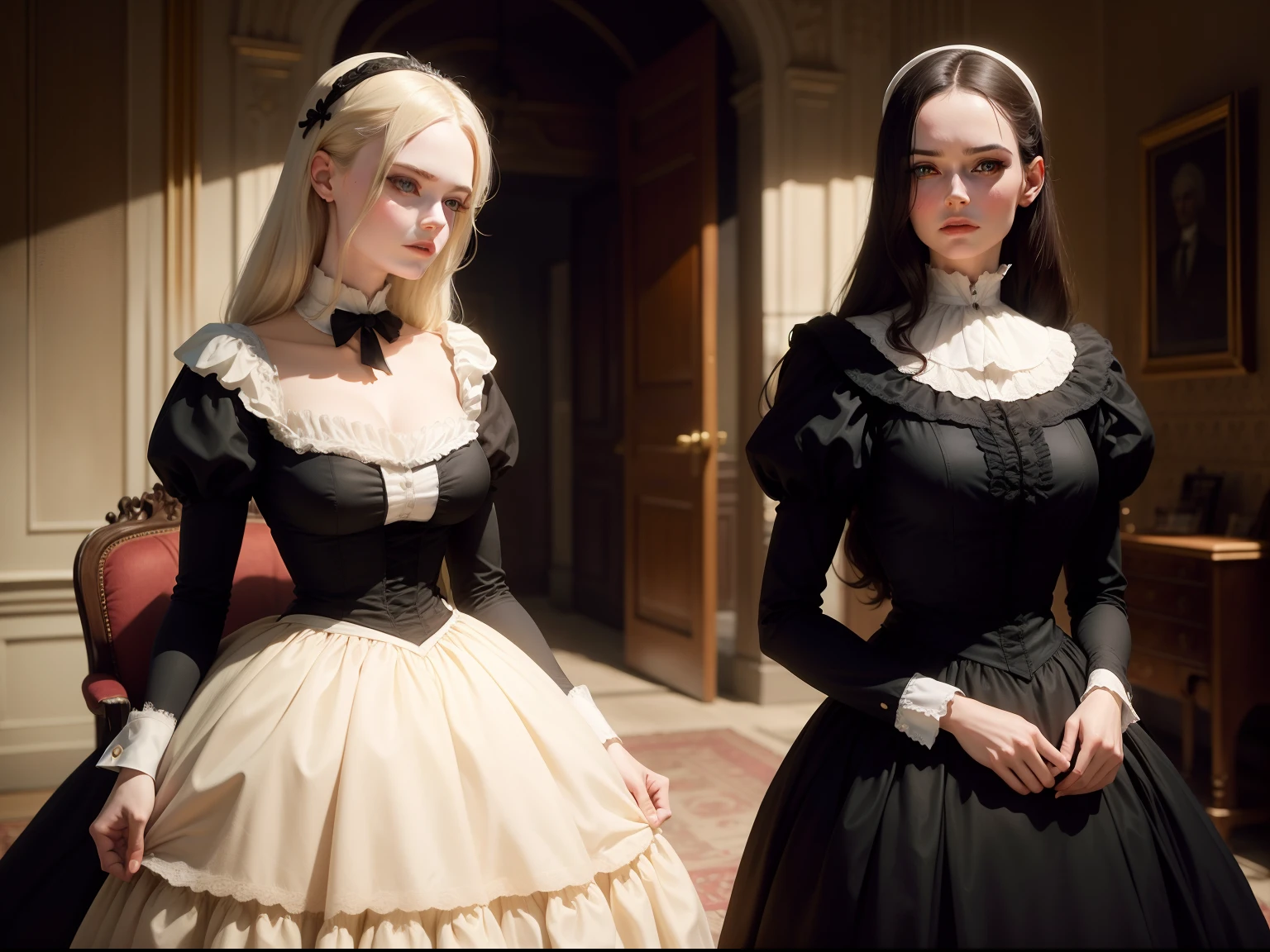 mulheres adultas, Eva Green com longos cabelos morenos, e Elle Fanning com um corte de cabelo bob. Both dressed as maids. The year is 1888