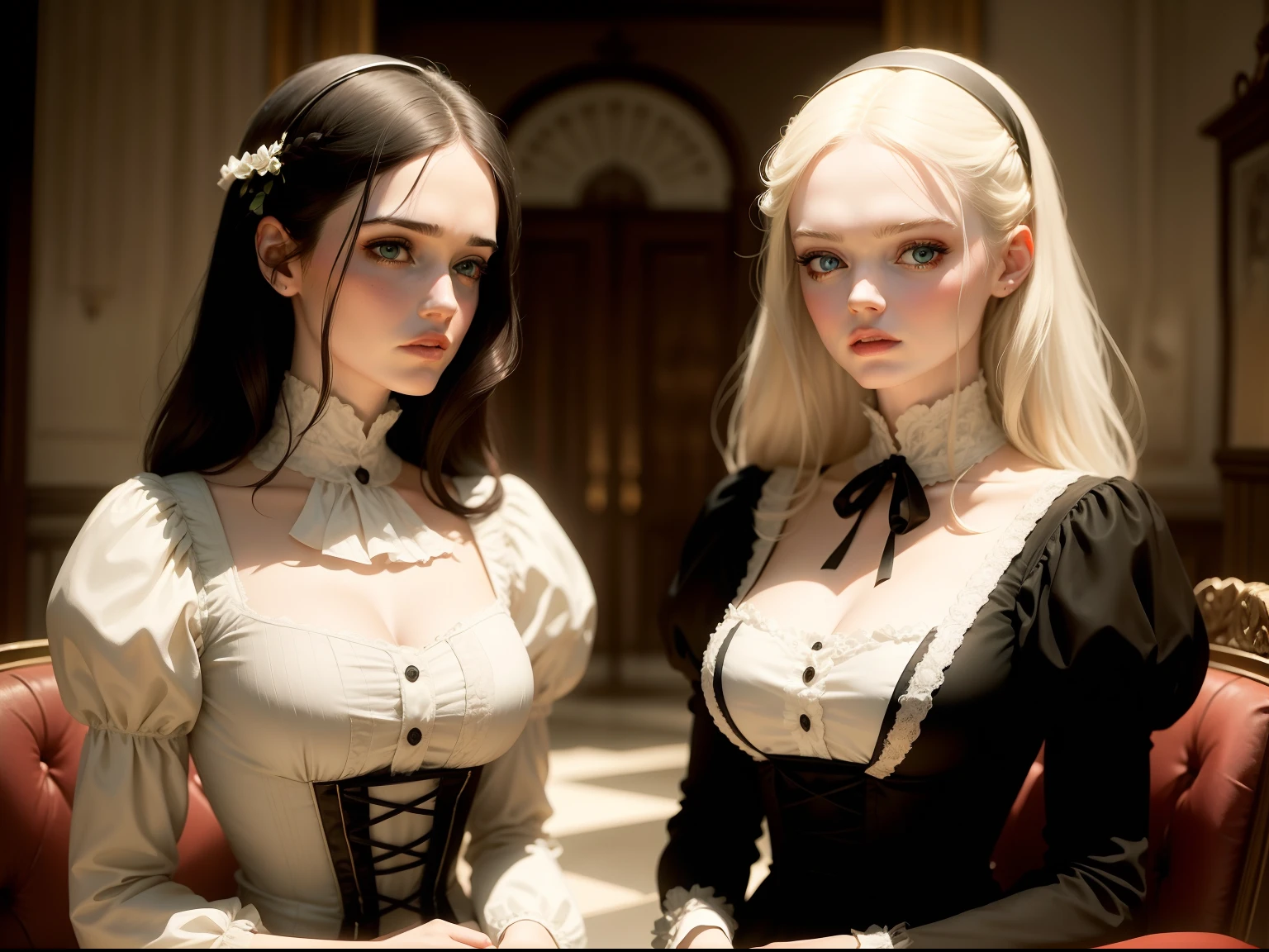 mulheres adultas, Eva Green com longos cabelos morenos, e Elle Fanning com um corte de cabelo bob. Both dressed as maids. The year is 1888