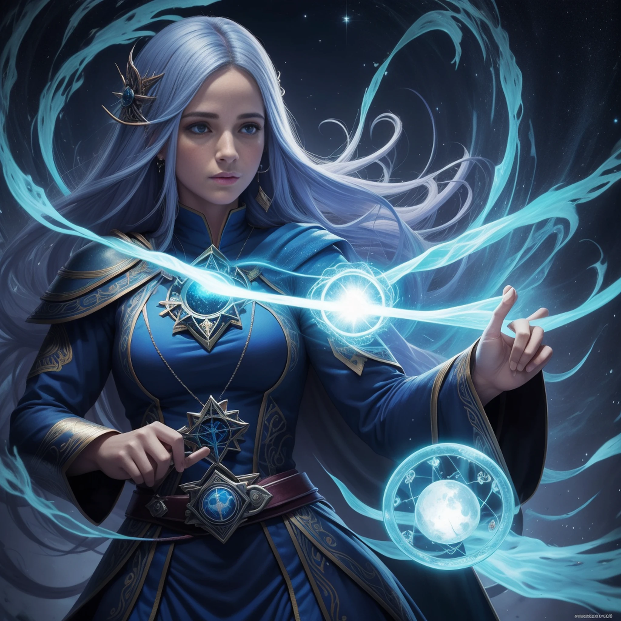 uma mulher com uma capa azul segurando uma bola brilhante, mago feminino, Retrato de um mago feminino, Female mage conjuring a spell, mago feminino!, Epic Character Wizard Girl, Arte do Jogo de Cartas de Fantasia, mago, Graphic artist Magali Villeneuve, Retrato de um Mago, feiticeira, mago da fantasia, feiticeira bonita, uma bela feiticeira