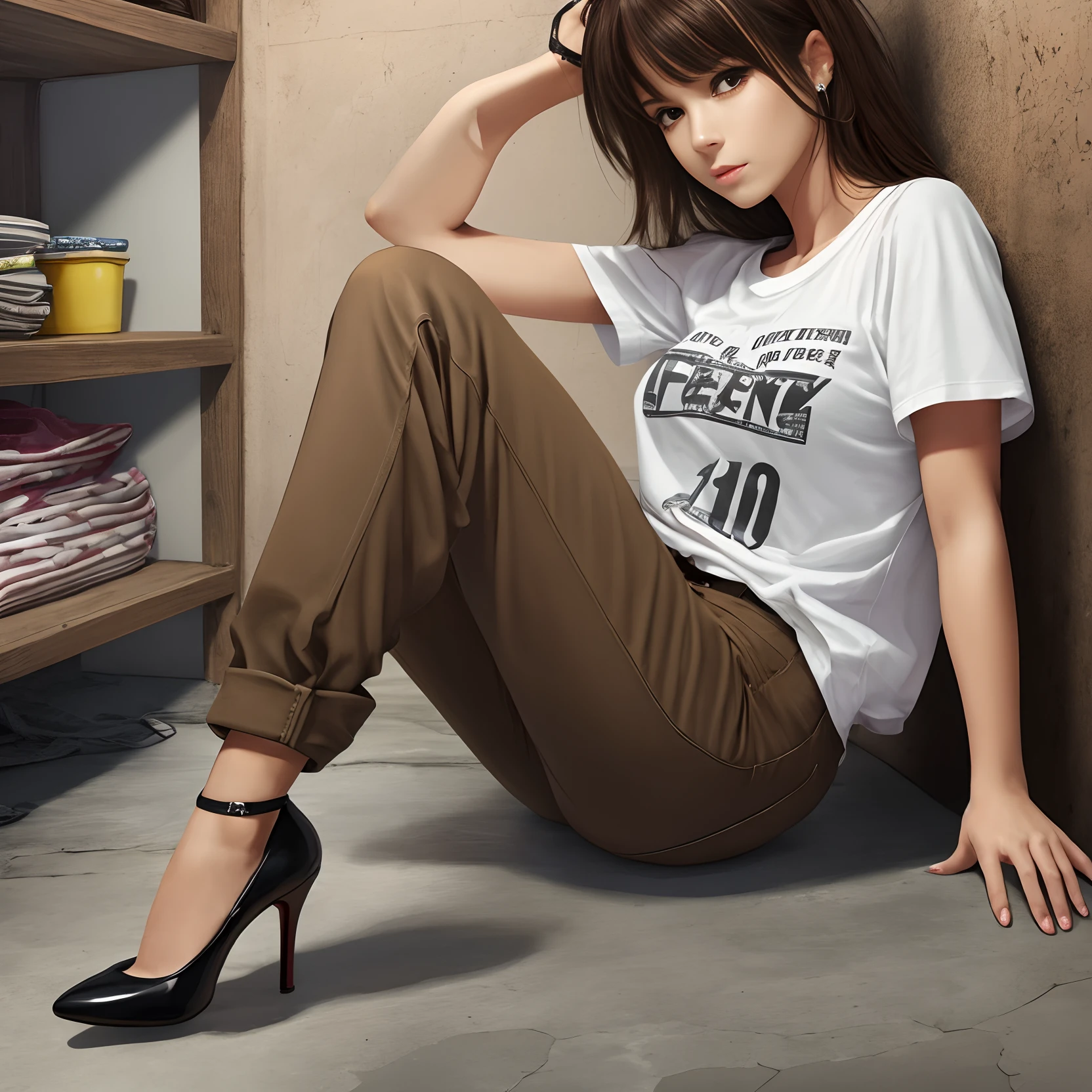 nfsw, [realistic:1,5], [best quality:1,5], (((basement scenario))), messed, dirty, warm, [charismatic, sophisticated, attractive female], tanned skin, dark brown hairs, wearing cotton t-shirt, pants and high heels --auto --s2