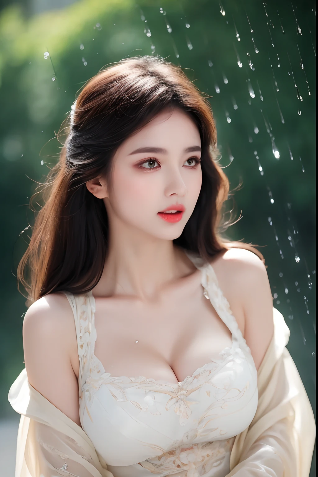 ((Best Quality, 8k, Masterpiece: 1.3)), Focus: 1.2, Perfect Body Beauty: 1.4, Buttocks: 1.2, ((Layered Haircut)), (Wet Clothes: 1.1), (Rain, Street:1.3), (Breasts: 1.2), (Hanfu: 1.2), Bare Shoulders, Bare Legs, Highly Detailed Face and Skin Texture, Fine Eyes, Double Eyelids, Whitened Skin, Long Hair, (Shut Up: 1.5), (Bokeh Background: 1.5), Big Breasts