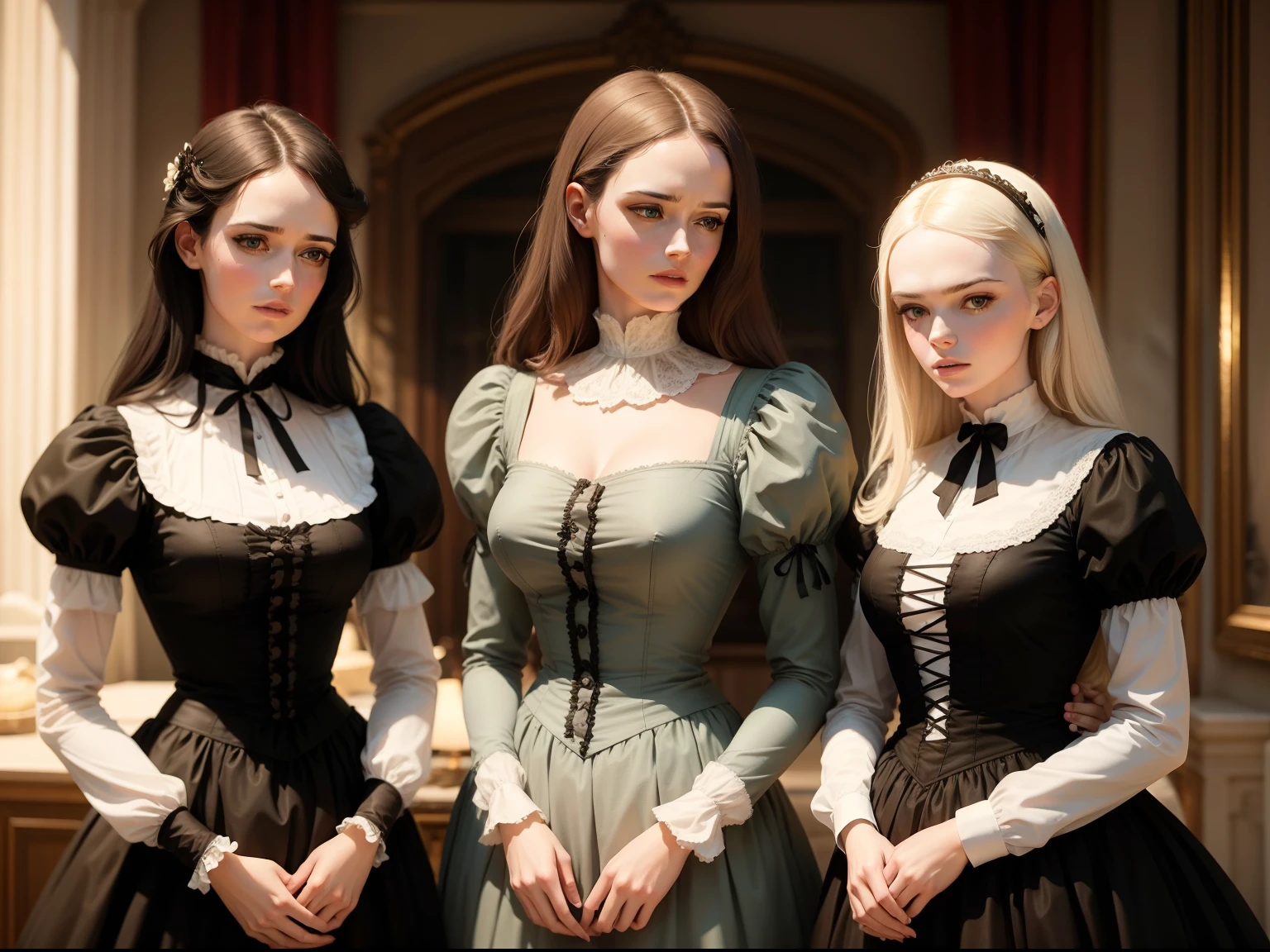 mulheres adultas, Eva Green com longos cabelos morenos, e Elle Fanning com um corte de cabelo bob. Both dressed as maids. The year is 1888