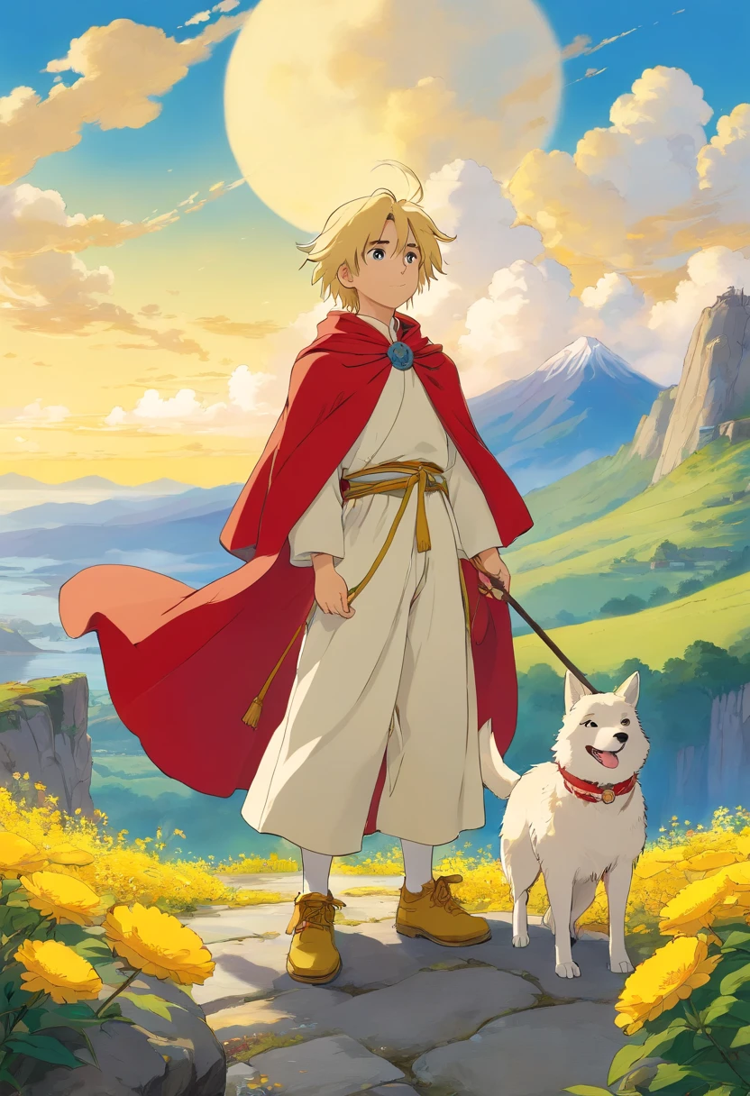 the fool tarot card rider-waite, young boy, blonde hair, holding bindle, yellow flowers mantle, yellow sky, white clothes, yellow clothes, yellow boots, young man at the cliff edge, blue mountains, white dog at the left, white flower in his hand, holding a single white flower, red feather in the head