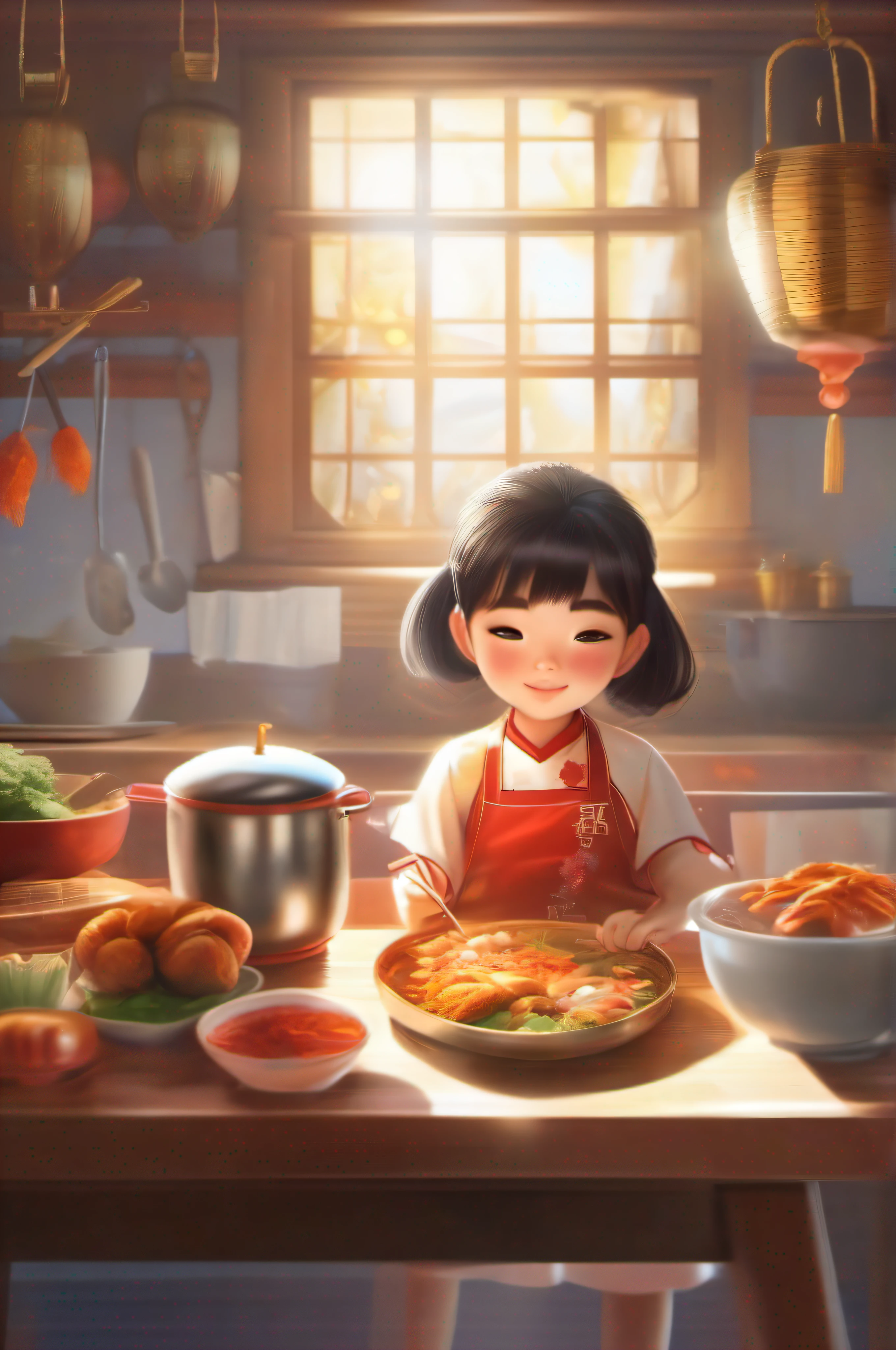 Little girl cooks Chinese food, Kitchen, and the sun was shining brightly, the detail, 4K, k hd, high high quality.