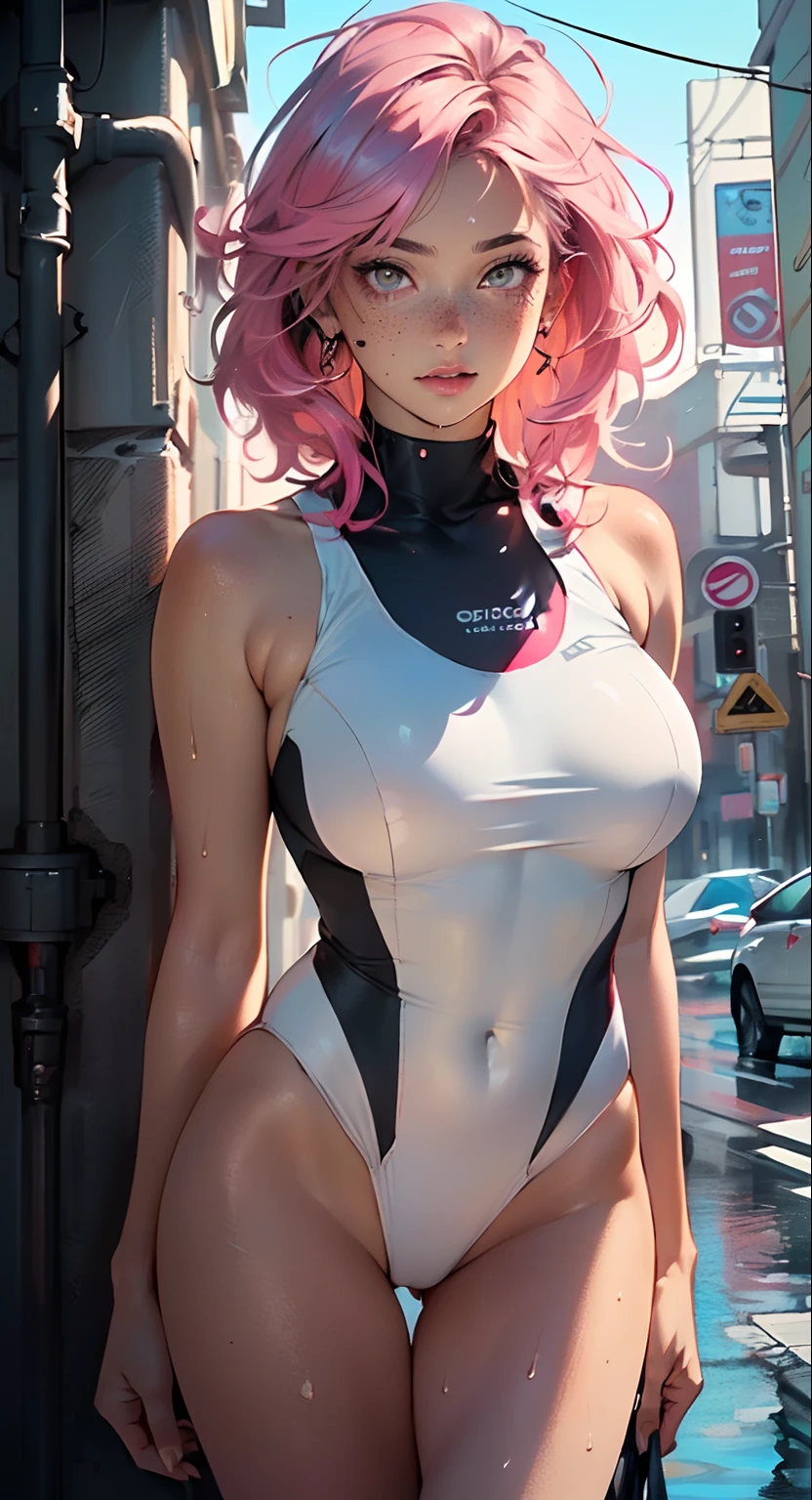 sporty girl,(((1girl))),((girl with bubblegum pink hair and freckles,extremely cute and gorgeous)),

(large breasts:1.4),saggy breasts,(((bubblegum pink hair:1.35,straight hair,long hair:1.4,colored inner hair,ear breathing))),((heterochromia:1.5,eye1 pink,eye2 azul,perfect eyes,upturned eyes:1.3,beautiful detailed eyes,finely detailed beautiful eyes:1,big highlight on eyes:1.2,slanted eyes)),((fat)),(((freckles on the face,freckles,freckled girl))),(((lustrous skin:1.5,bright skin: 1.5,skin tanned,shiny skin,very shiny skin,shiny body,plastic glitter skin,exaggerated shiny skin,illuminated skin, wet legs))),(spider lower abdomen,narrow waist,wide hip,athletic body,inflated legs,delicate detailed fingers,detailed body,human hands,(detailed face)),

cute,slutty,seductive,erotic,(((nsfw))),

((one-piece_swimsuit white ,wearing a one-piece_swimsuit outfit:1.3,white swimsuit:1.3)),((wet clothes,detailed outfit,detailed clothes)),

(dynamic pose:1.0),embarrassed,(centered,scale to fit dimensions,Rule of thirds),

cyberpunk city by the ocean at night, with bright neon signs and dark stormy clouds and puddles,

High resolution, sharp focus, (ultra detailed, extremely detailed), (photorealistic artwork:1.37), 8k wallpaper,((synthwave background theme)),(((vibrant colors,))),(intricate),masterpiece,(best quality),synthwave neon colors,