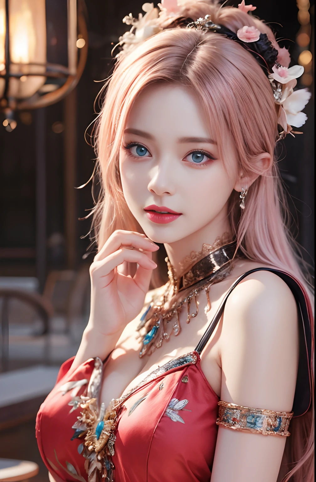 best quality, ultra high res, (photorealistic:1.4), (detailed beautiful girl:1.4), (medium breasts:0.8), looking_at_viewer, Detailed facial details, beautiful detailed eyes,pink hair, blue eyes, slender, haunting smile, (makeup:0.3), red lips, highly detailed clothes, (ulzzang-6500-v1.1:0.3)