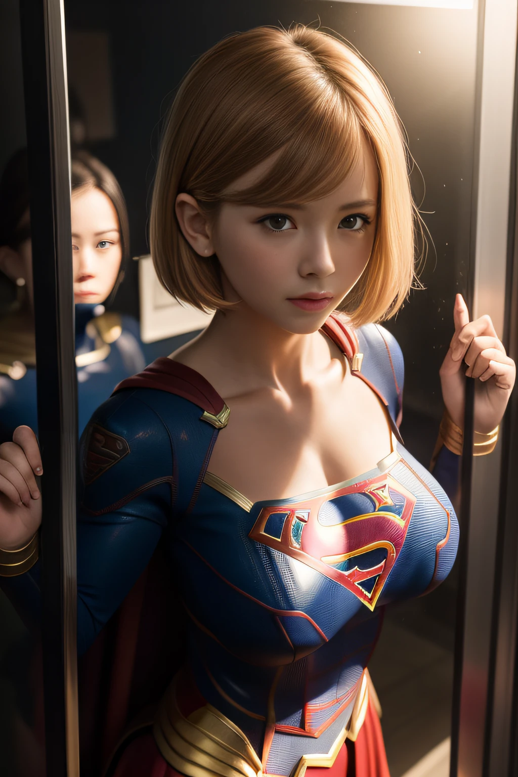 masterpiece、Short-haired Supergirl pressed against glass、large full breasts、Looking at the camera、Glossy costume