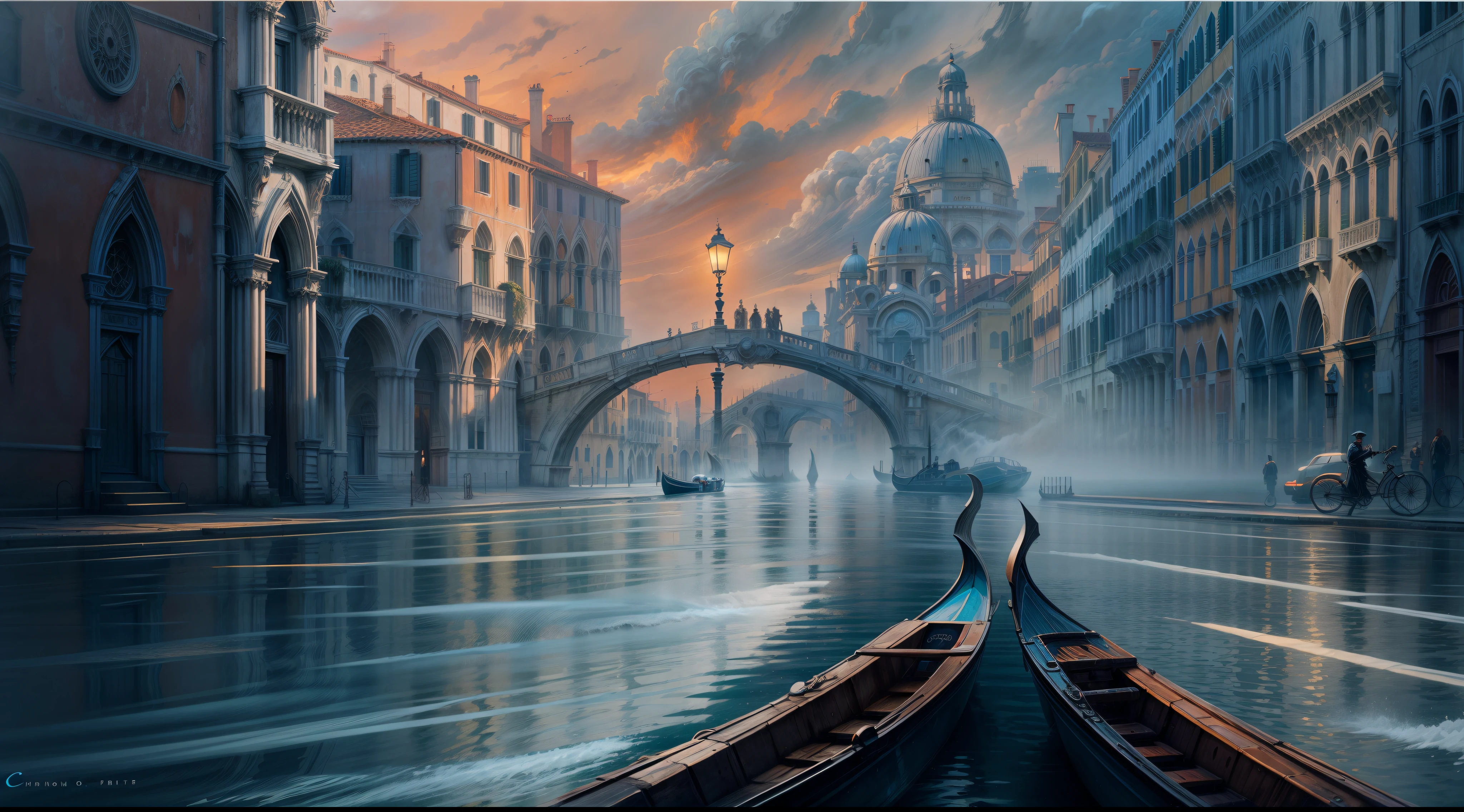 Chronos Portal, Venice, foggy, painting, speed, futurism, expressionism, canal, boat, canal grande, dark blue, vision