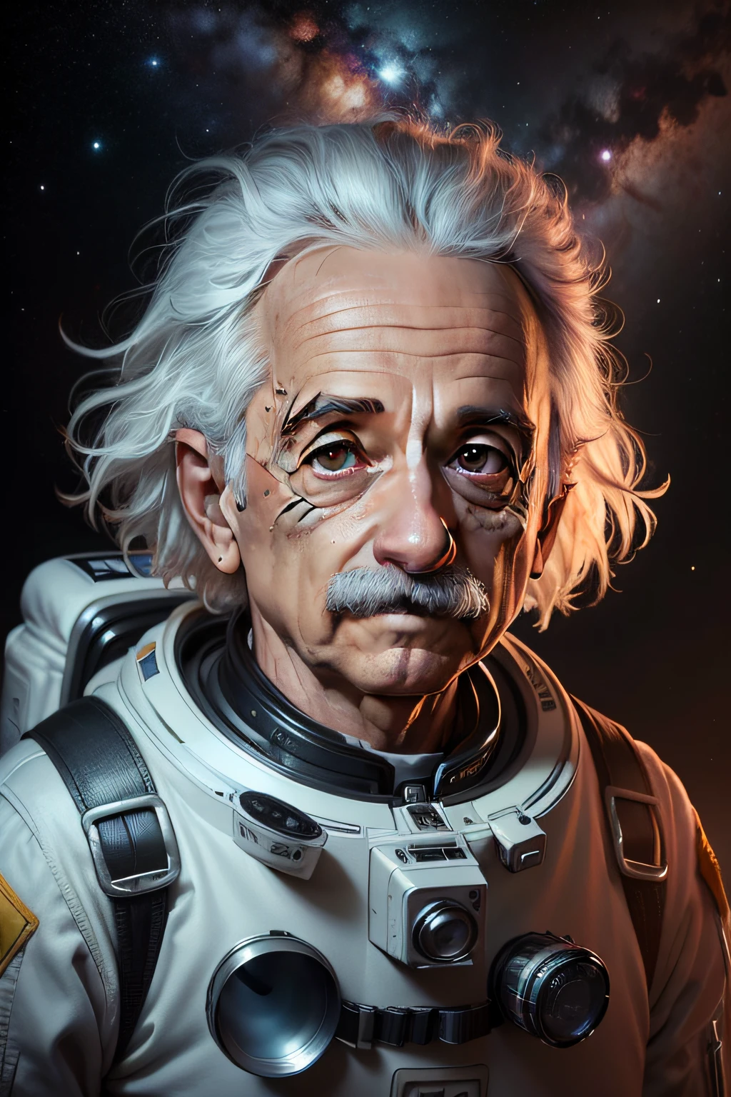 obra-prima, Foto DSLR, analogue style, nikon d5 |, Foto real, uma foto (average photo:1.3) Albert Einstein wearing a spacesuit in space, lighting dramatic (85 millimeters), (detailedfacialfeatures), (olhos brilhantes detalhados), dinamic angle, Tom Hanks, Estilo Ilya Kuvshinov