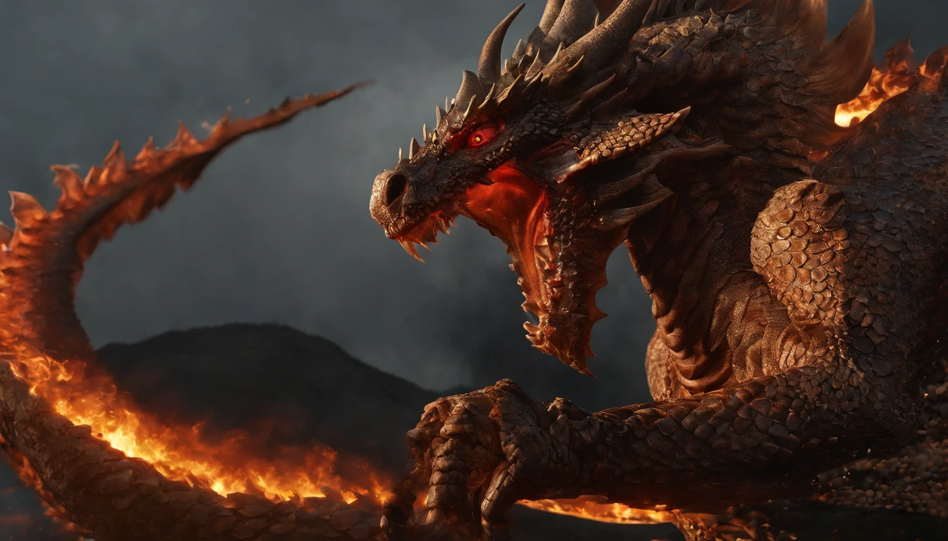 Tenryu Dourado,Rough red eyes,Close-up release of fire blood from the nose,Chest scales,alta qualidade,8k,Muitos detalhes,Alface de fogo,Infelizmente,4 pernas,Garras manchadas,ouro,perigos,fires,dentes pontiagudos,big dragon,imensidade,Threatening,imponente, its scales glinting like embers, eyes ablaze with intensity