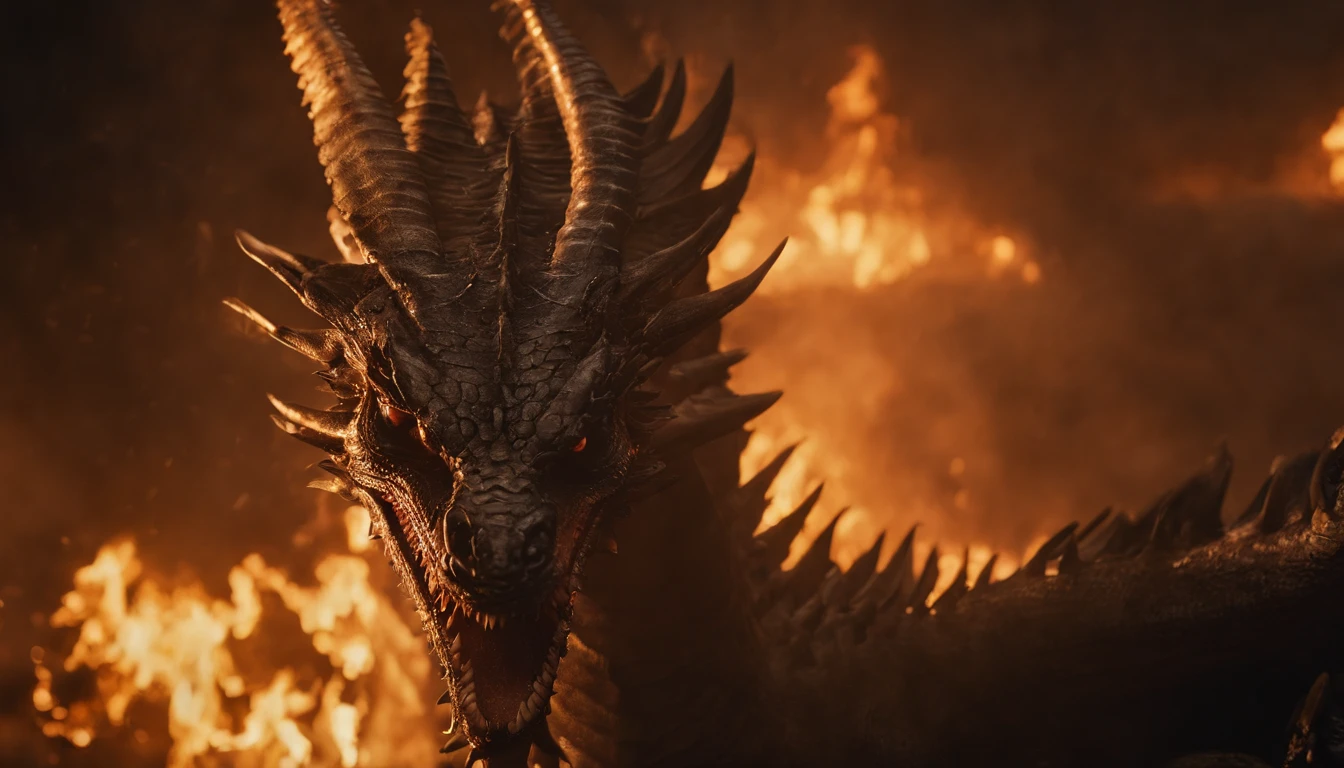 Tenryu Dourado,Rough red eyes,Close-up release of fire blood from the nose,Chest scales,alta qualidade,8k,Muitos detalhes,Alface de fogo,Infelizmente,4 pernas,Garras manchadas,ouro,perigos,fires,dentes pontiagudos,big dragon,imensidade,Threatening,imponente, its scales glinting like embers, eyes ablaze with intensity
