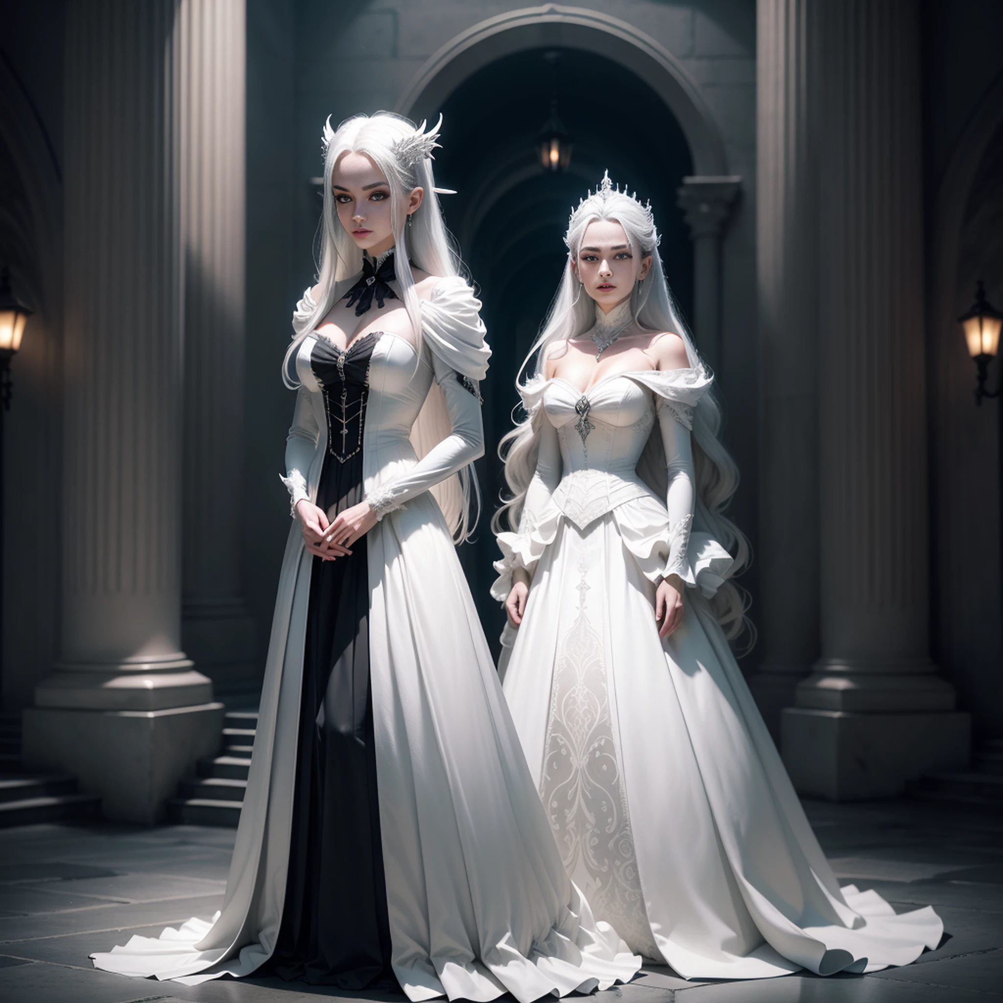 FS, an albino girl with perfect 10 features and long black Rapunzel-like hair, stands in a picturesque Avatar-like scene. Her body is graceful with a petite bust and slender legs. The girl looks stunning in a sheer organza dress with intricate designs. Her high-heeled shoes are elegant with golden patterns. The sunlight creates a subtle silhouette around her contours from the back, while soft and filling light illuminates her from the front. This scene has photorealistic qualities and is a concept art that creates a wow effect of:2. It can be found on the website 500px with hyper-superior details