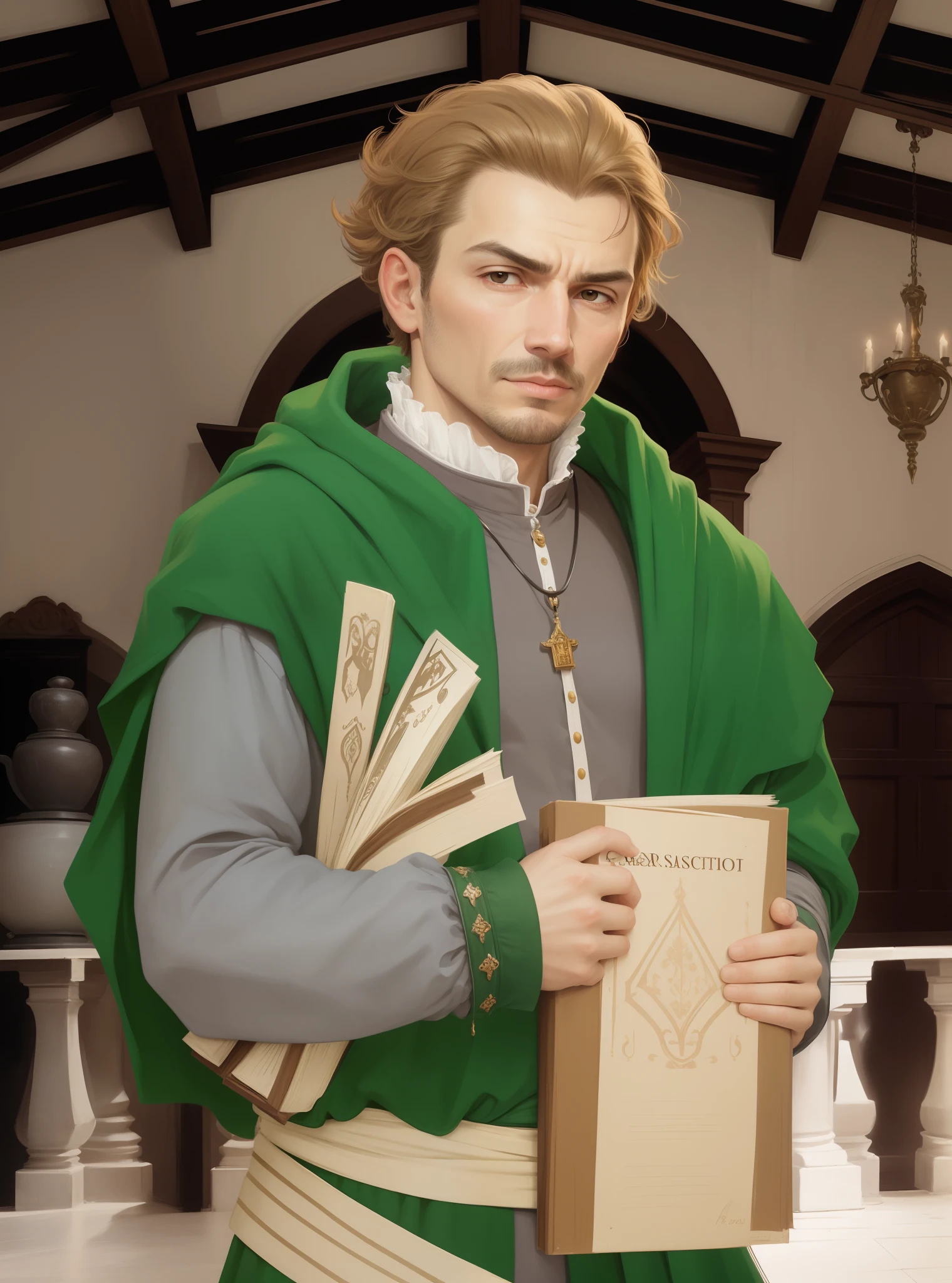 Cristobal de Haro, 16th century, renaissance, age of exploration, Spanish, financier, banker, middle-aged, man, holding parchments ,impressive, Deep outline, energetic, neat, intelligent, clever, greed, merciless, capitalism, cunning,  decisiveness, polite, pessimistic, suspicious face, unhappy face, unsatisfied face