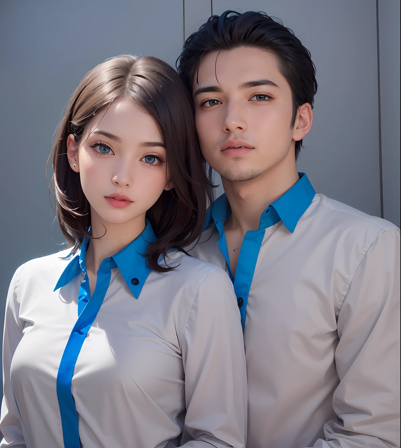 masterpiece, best quality, beautiful young man and young girl, blue eyes, (detailed pupils:1.2), eyelash, black hair, streaked hair, multi color, medium hair, perfect face, detailed, facial hair