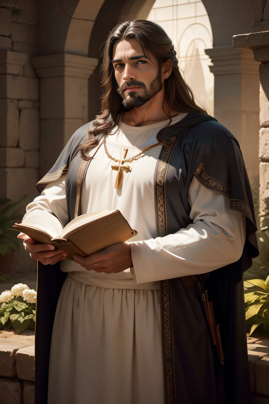 jesus of nazareth, sobrepeso, con un rostro detallado y ojos expresivos, sosteniendo una Biblia, surrounded by a garden. Medium similar to oil painting, con elementos ultra detallados y colores vivos. The paint is of the highest quality, with 4K resolution and professional studio lighting. El estilo general debe ser realista y fotorrealista. Color tone should be warm, con un tono dorado. Lighting should create a soft and comforting atmosphere, emphasizing facial features and the Bible in Jesus' hands.