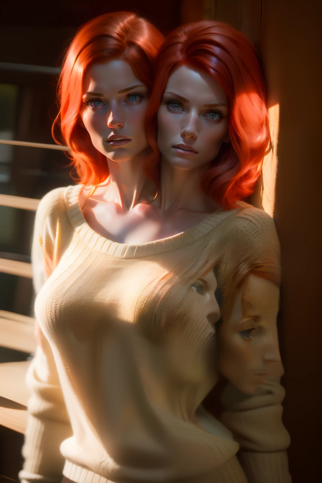 (2heads),RAW photo of Muirgheal MacCarrick with sweater, red hair, Photorealistic, Hyperrealistic, Hyperdetailed, low cut, detailed skin, soft lighting, subsurface scattering, realistic, heavy shadow, masterpiece, best quality, ultra realistic, 8k, golden ratio, Intricate, High Detail, film photography, soft focus