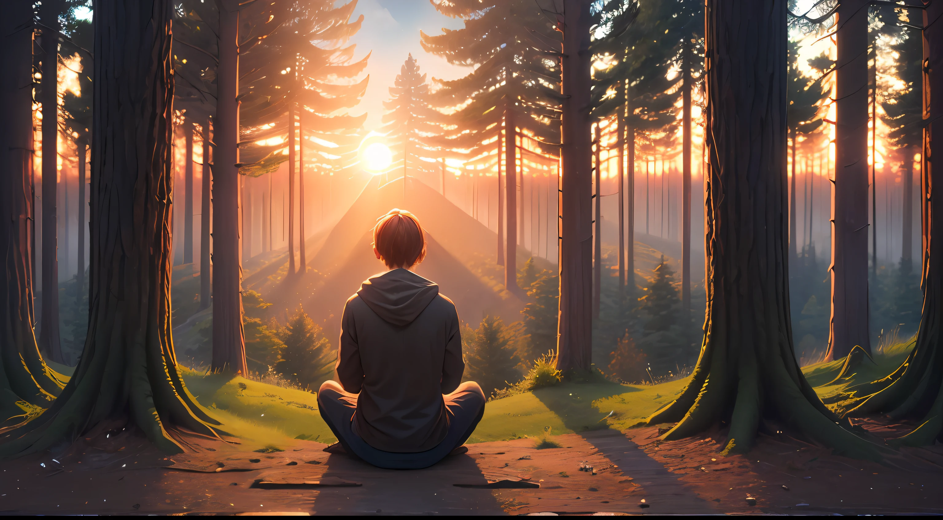 ((Masterpiece,Best Quality,The ultra-detailliert,The ultra-Highres,detailed background)),sunrise,woods,impressive,chill,inspirational,femele,Facing away,meditating --auto