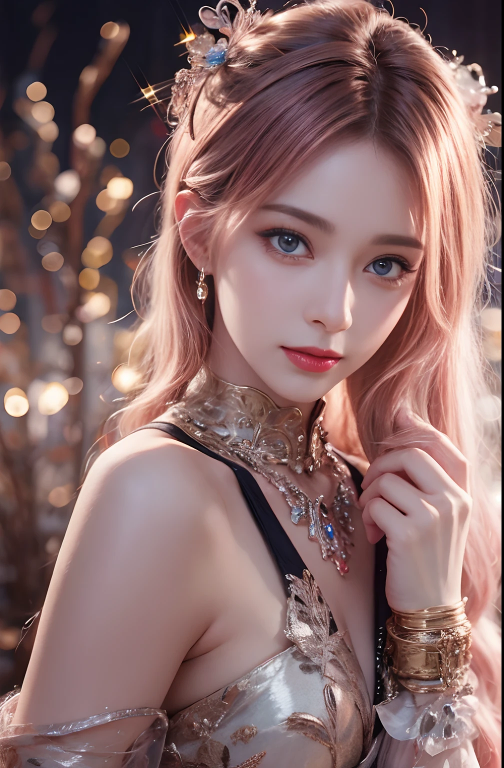 best quality, ultra high res, (photorealistic:1.4), (detailed beautiful girl:1.4), (medium breasts:0.8), looking_at_viewer, Detailed facial details, beautiful detailed eyes,pink hair, blue eyes, slender, haunting smile, (makeup:0.3), red lips, highly detailed clothes, (ulzzang-6500-v1.1:0.3)