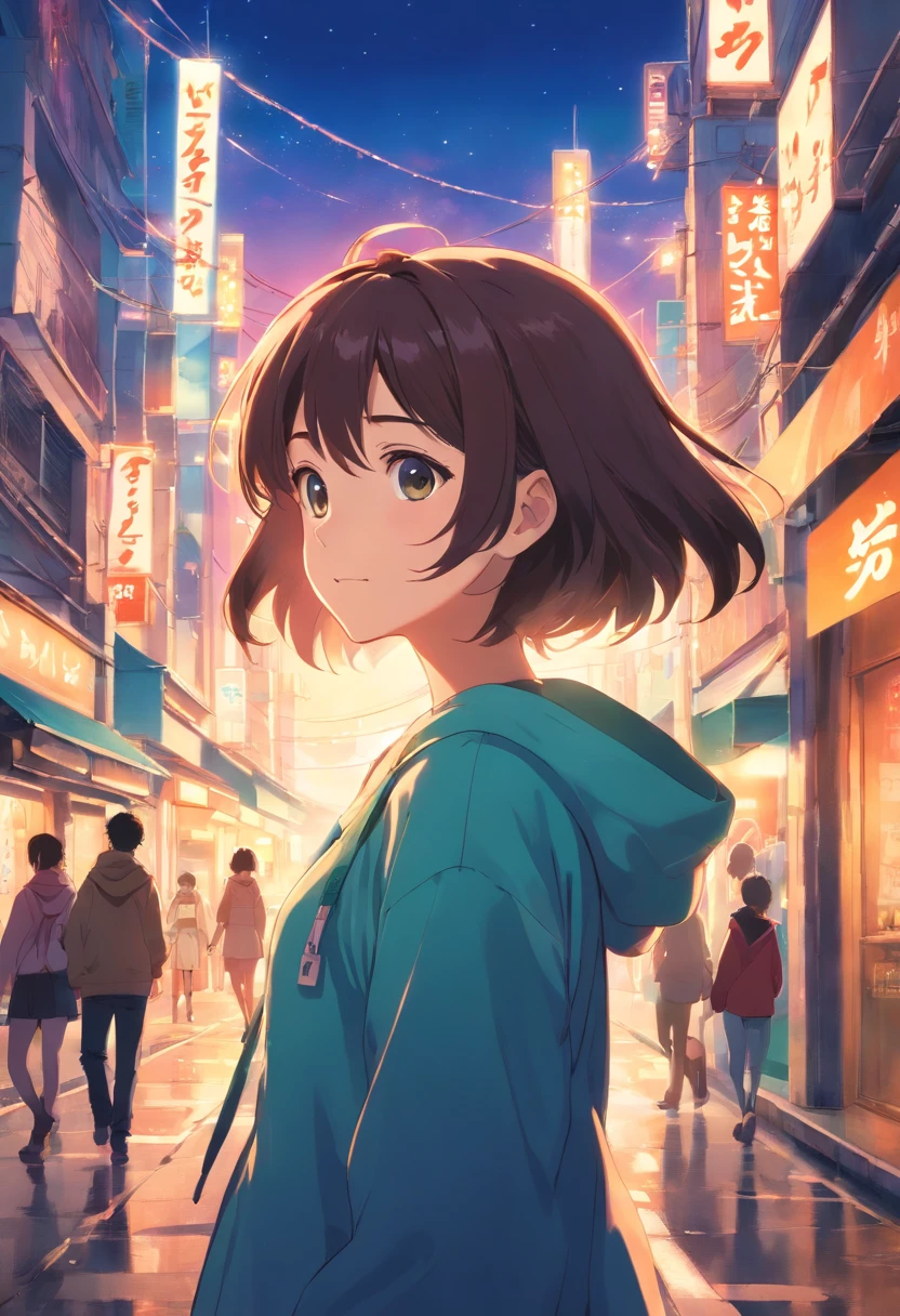 Jovem de 20 anos andando pelas ruas, obra-prima, melhor qualidade, filme ainda, 1girl, garota nuvem, floating into the sky, close-up, brilhante, feliz, Soft lighting and Warm, sun sunset, (Sparks: 0,7)