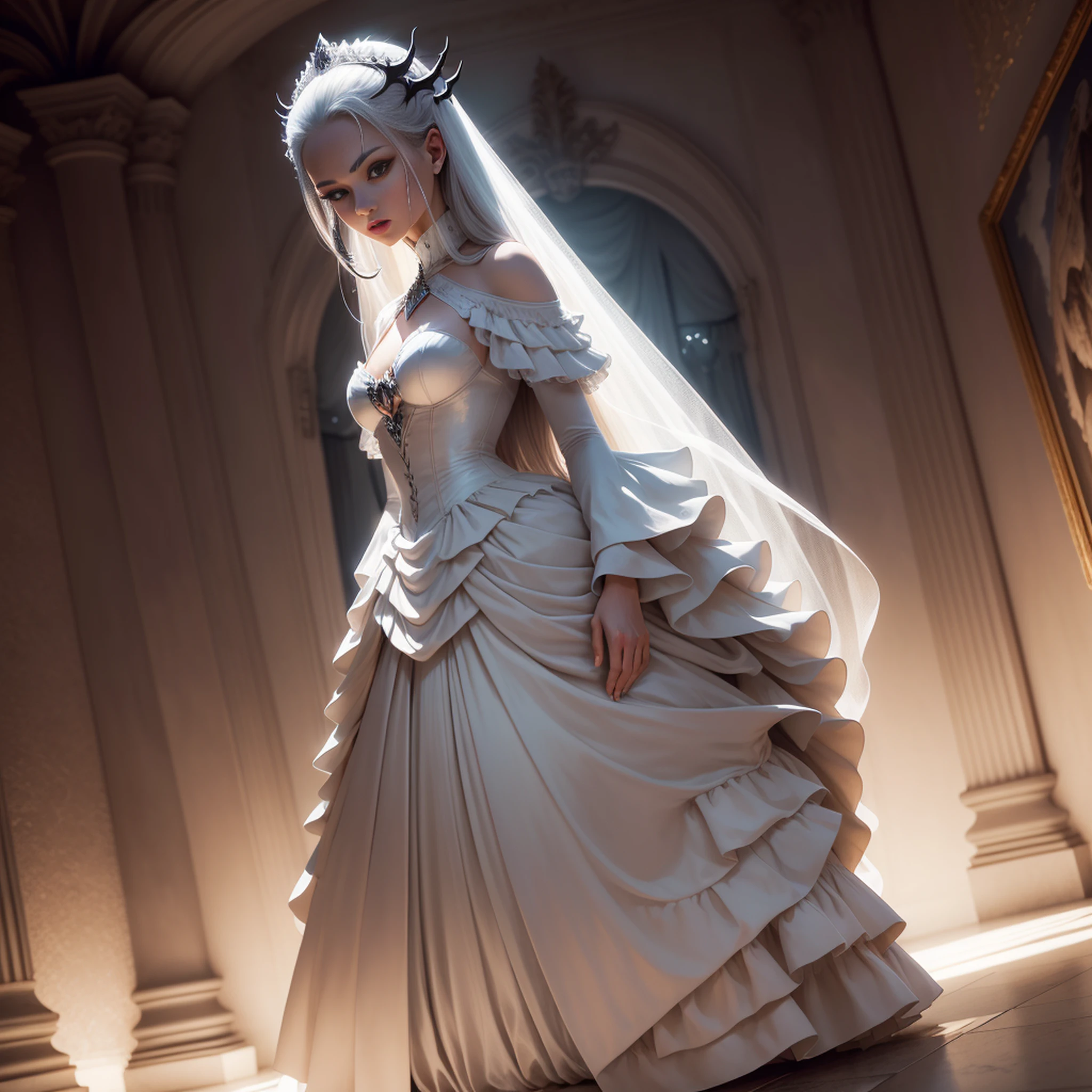 (bright lighting,romantic setting),bride captured, dreamy background,bondage,dark hair, mesmerizing gaze, , soft skin, alluring beauty, artistic portrait, high-quality image, vibrant colors, long silk gown, in the bed,tape bondage,tape gag, mosquito net, bridal