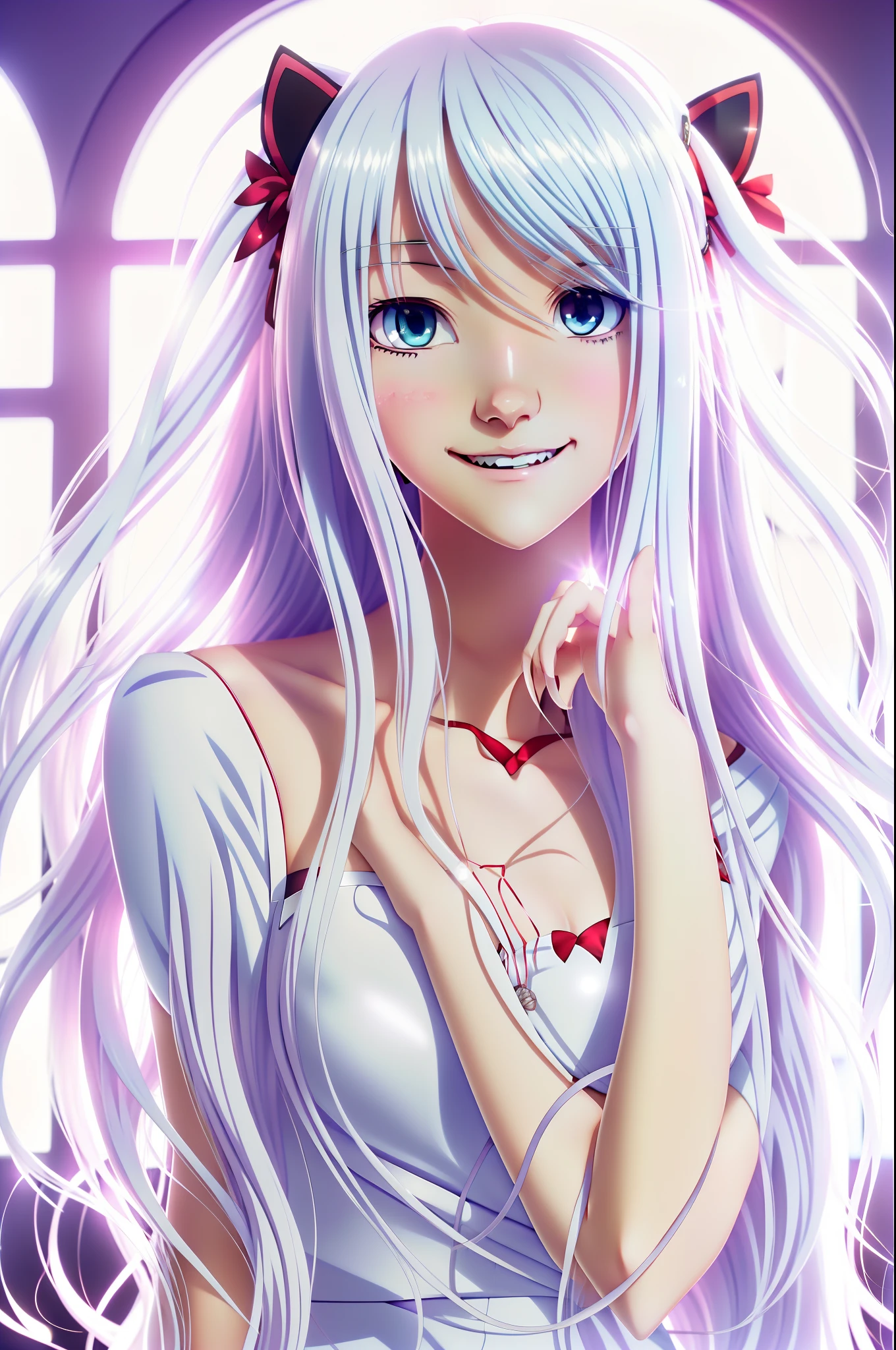 (Best quality,4K,A high resolution:1.2), White hair, bangs, Reveals long hair, hair covering one eye, Cat ears, Heart-shaped pupils, Red eyes, seduct smile, anime illustration, Soft lighting, Pastel colors,anime illustration,anime illustration,anime illustration,A woman who is,long white hair,long white hair