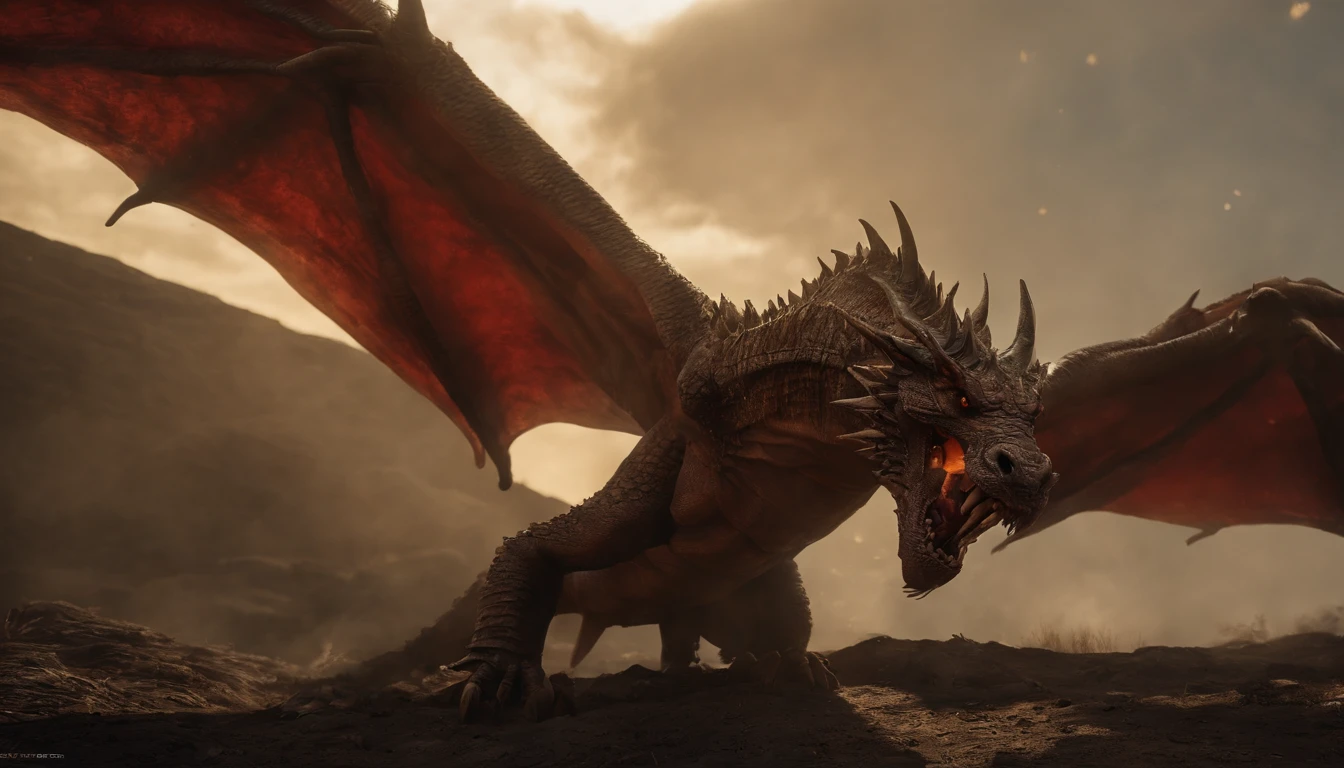 Tenryu Dourado, Rough red eyes, red face, Close-up release of fire blood from the nose,Chest scales,alta qualidade,8k,Muitos detalhes,Alface de fogo,Infelizmente,4 pernas,Garras manchadas,ouro,perigos,fires,dentes pontiagudos,big dragon,imensidade,Threatening,imponente, its scales glinting like embers, eyes ablaze with intensity