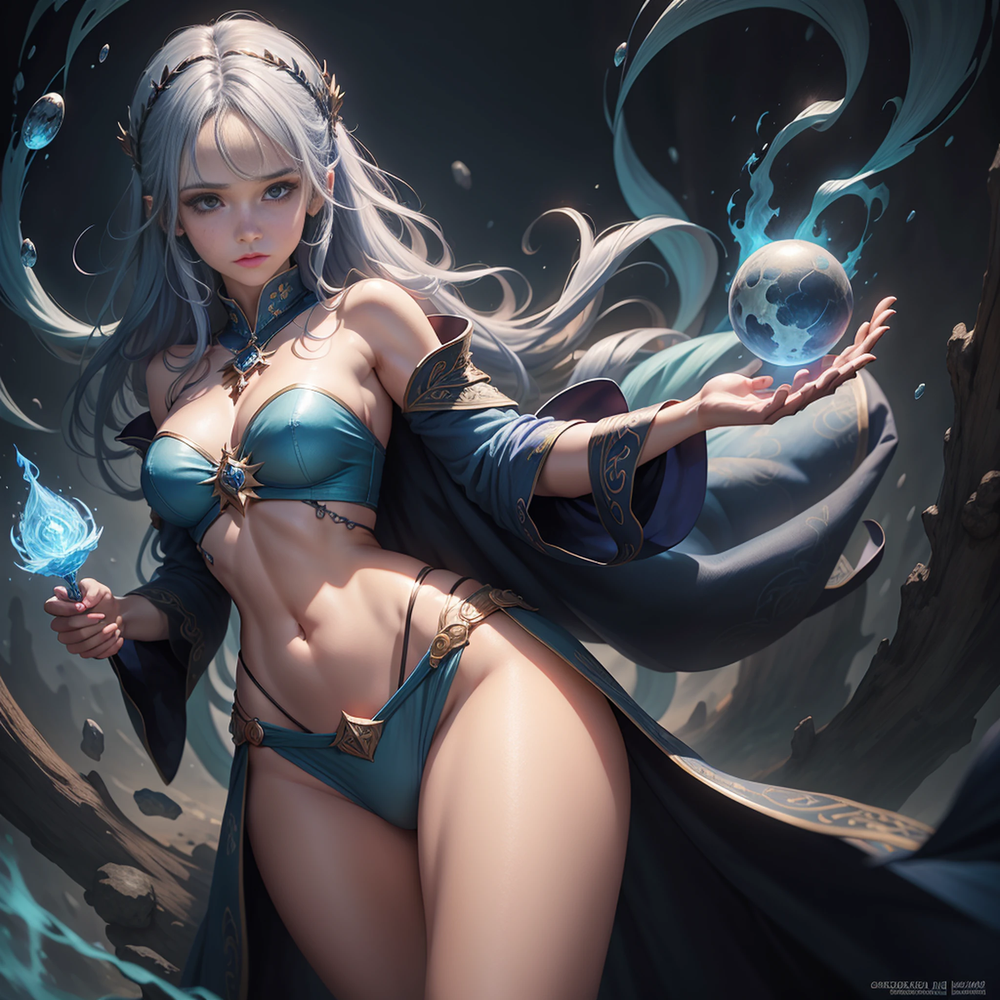 uma mulher com uma capa azul segurando uma bola brilhante, mago feminino, Retrato de um mago feminino, Female mage conjuring a spell, mago feminino!, Epic Character Wizard Girl, Arte do Jogo de Cartas de Fantasia, mago, Graphic artist Magali Villeneuve, Retrato de um Mago, feiticeira, mago da fantasia, feiticeira bonita, uma bela feiticeira