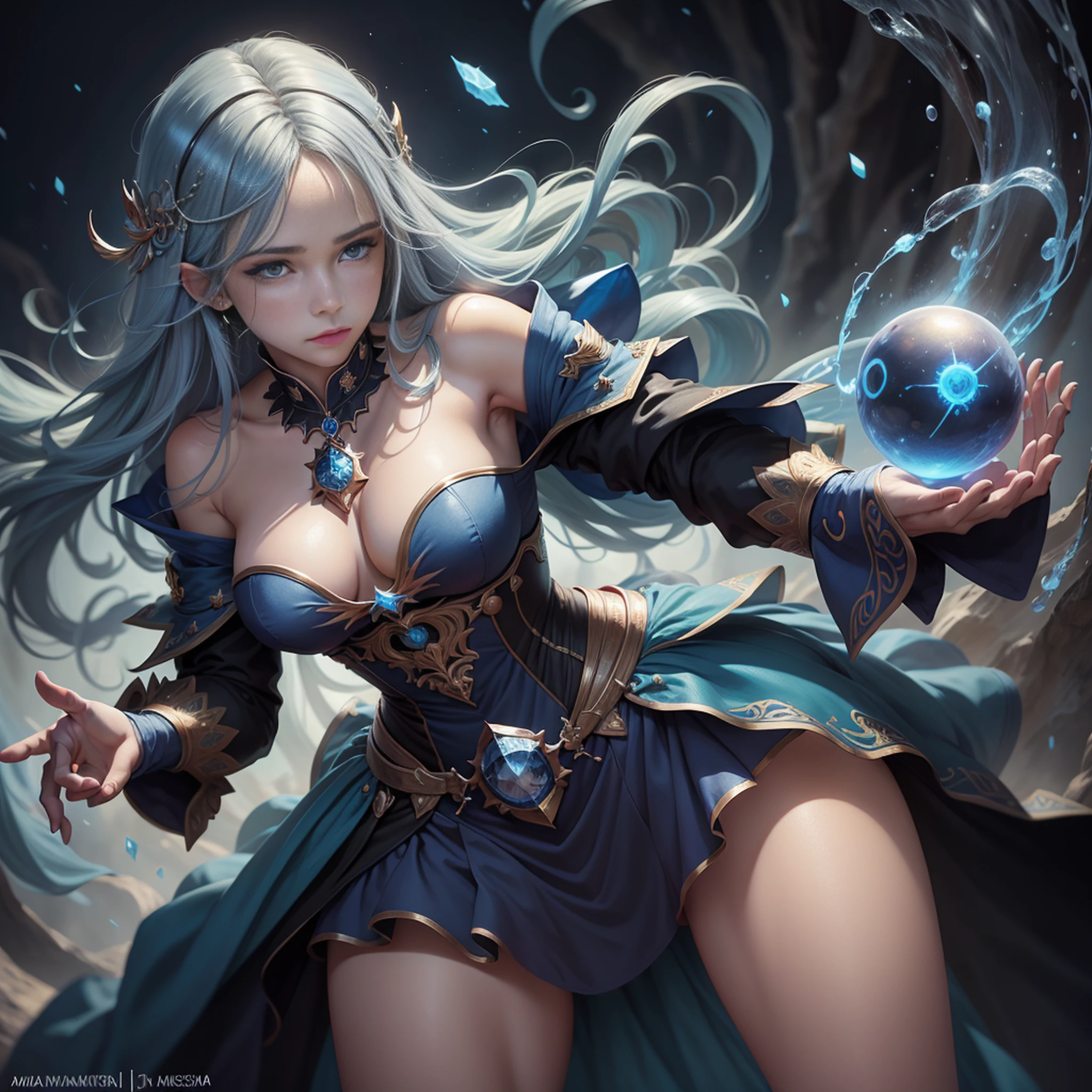 uma mulher com uma capa azul segurando uma bola brilhante, mago feminino, Retrato de um mago feminino, Female mage conjuring a spell, mago feminino!, Epic Character Wizard Girl, Arte do Jogo de Cartas de Fantasia, mago, Graphic artist Magali Villeneuve, Retrato de um Mago, feiticeira, mago da fantasia, feiticeira bonita, uma bela feiticeira