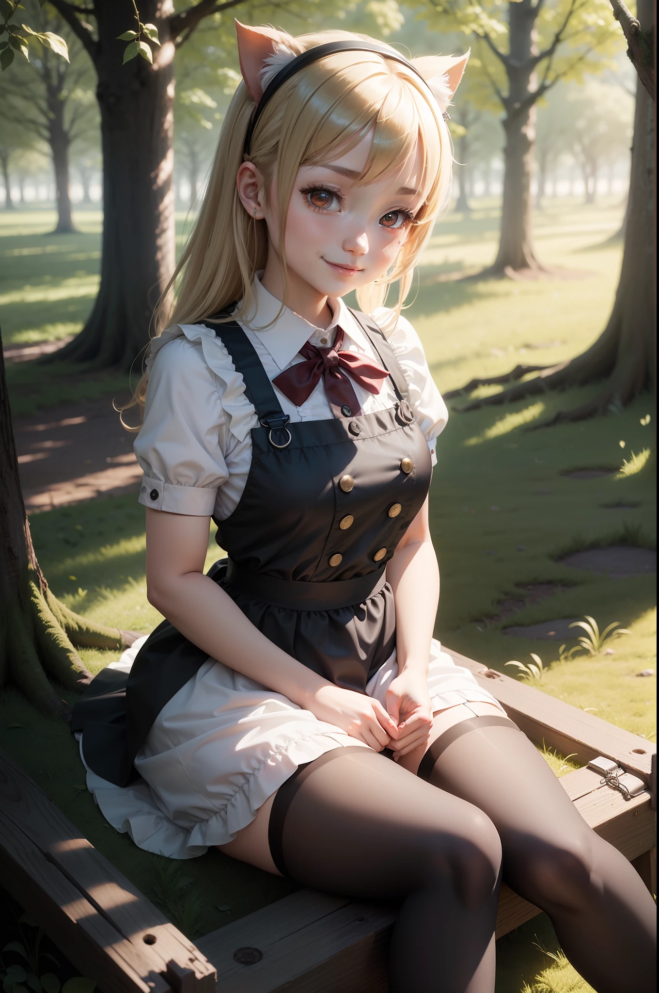 Mami Tomoe,A smile,Girl sitting,grass field,the woods,Twin-tailed,ighly detailed,1girl in,maid dress,sodden,Soft lighting, real life anime girl, Rin, Ayaka Cosplay, cosplay foto, Lori, small curvy loli, Cosplay, Anime Cosplay,  full-cosplay, a hyperrealistic schoolgirl, lolish,big eye,red eyes、Outdoor activities,Black stockings,a park,with spreading legs,Luxury maid clothes,Torn maid clothes