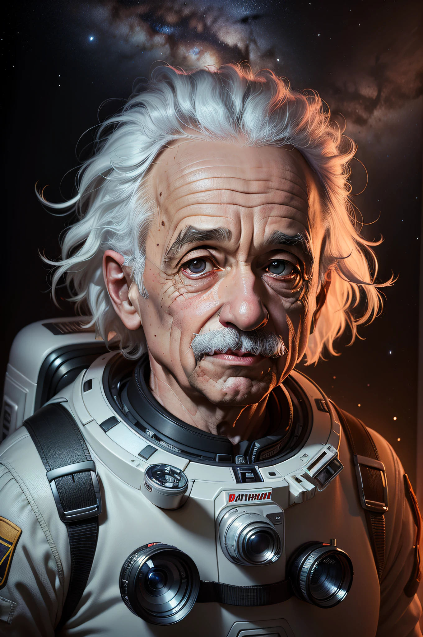 obra-prima, Foto DSLR, analogue style, nikon d5 | | |, Foto real, uma foto (average photo:1.3) Albert Einstein wearing a spacesuit in space, lighting dramatic (85 millimeters), (detailedfacialfeatures), (olhos brilhantes detalhados), dinamic angle, Tom Hanks, Estilo Ilya Kuvshinov