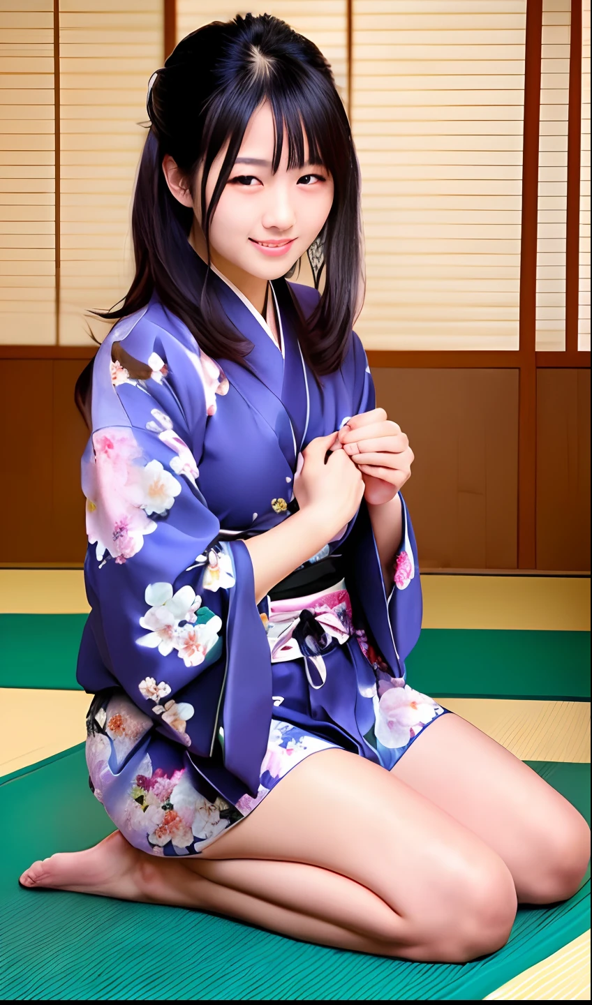 （8k、Raw photography、highest quality、masterpiece：1.2),(black haired、short twin tails:1.5),show viewer,Looking at the front,erotic,白いskin,(Wearing a kimono with a colorful floral pattern:1.6)、(Clothing that emphasizes the shape of your chest、publish one&#39;skin:1.5)、(big breasts :1.4)、slim body shape、ultra high resolution,beautiful,beautiful fece,(alone, alone、no background:1.9),whole bodyボディー,japanese woman,（Photoreal：1.37）、photon mapping,reality、(-faced and cute: 1.0)、(cute smile: 1.7)、(With a round face: 1.8)、radio city、Physically based rendering、depth of field rally background、photograph, (I can see your knees,close up of thighs、short kimono、spread your legs:1.6),whole body、super fine