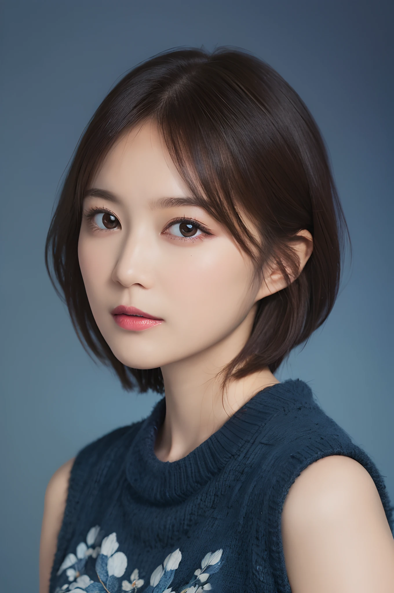 Beautiful 26 year old woman。She wears a tight camisole in light blue-gray satin fabric。Black lace at chest and hem.。kindly smile。Her dark brown hair is、Her hair is straight short bob hair。hight resolution、​masterpiece、top-quality、headw:1.4、((Hasselblad photo))、Fine skin、fine textured knit、(电影灯光)、鎖骨