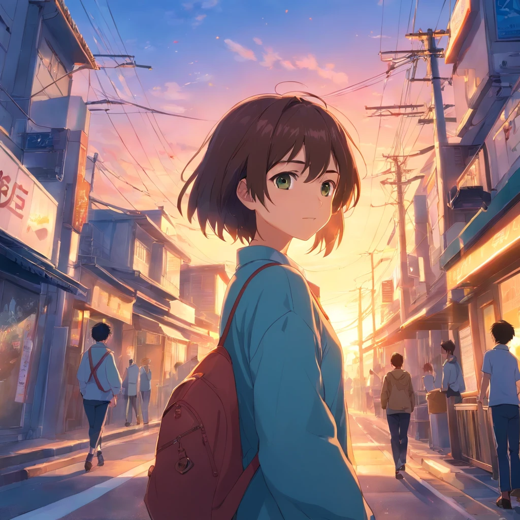 Jovem de 25 anos andando pelas ruas olhando diretamente para a camera, obra-prima, melhor qualidade, filme aindalose-up, brilhante, feliz, Soft lighting and Warm, sun sunset, (Sparks: 0,7)