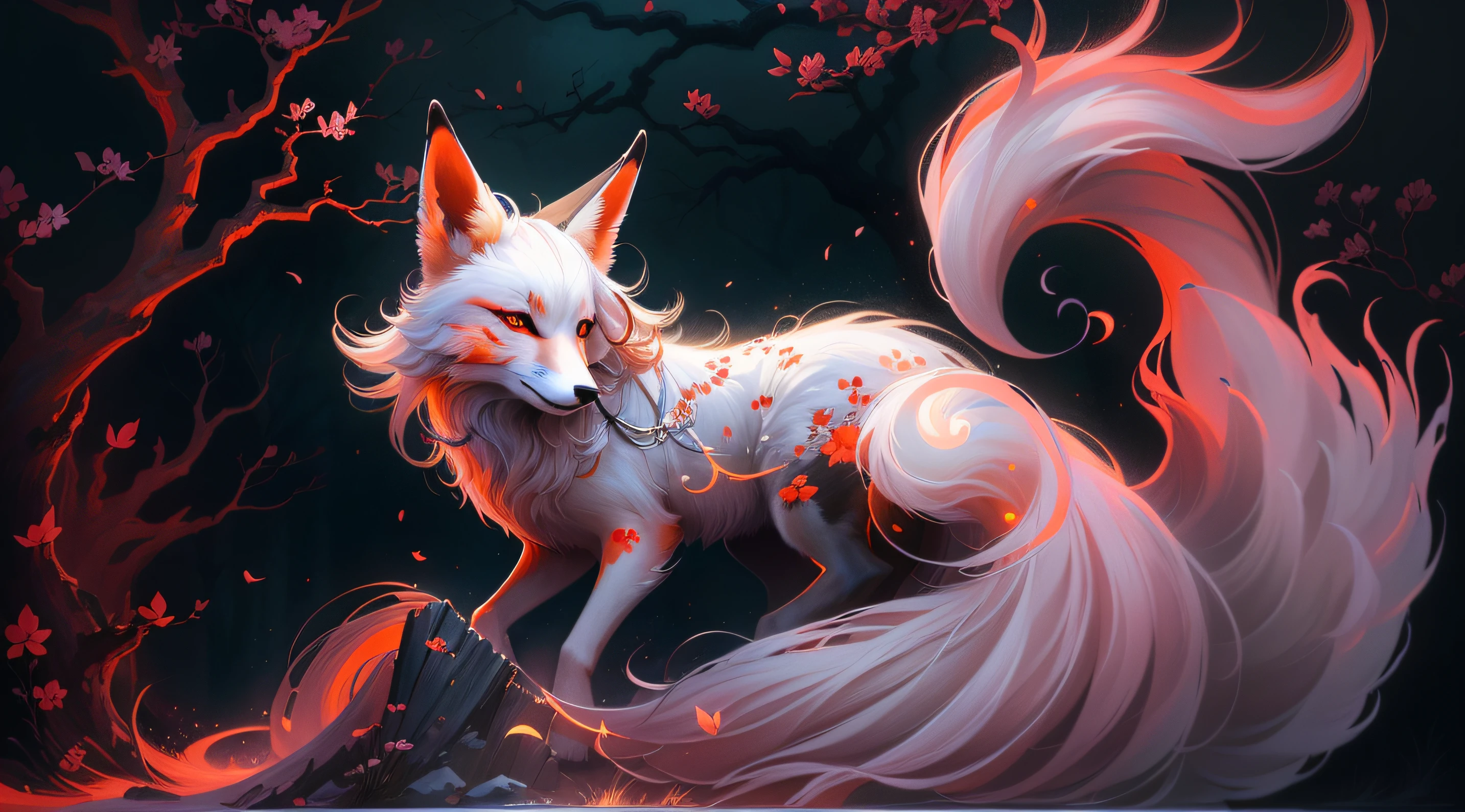 Painting of a fox with white hair sitting on a branch,ethereal fox,nine tail fox,Fox three-tailed fox,Onmyoji detailed art,Nine Tails,a beautiful artwork illustration,mythological creatures,red fox,Beautiful digital artwork,Exquisite digital illustration,mizutsune , Inspired by the mythical creature wildnet,Digital art on Pixiv,strong lights,hight contrast,Horror movie theme,Dark atmosphere,Standing painting