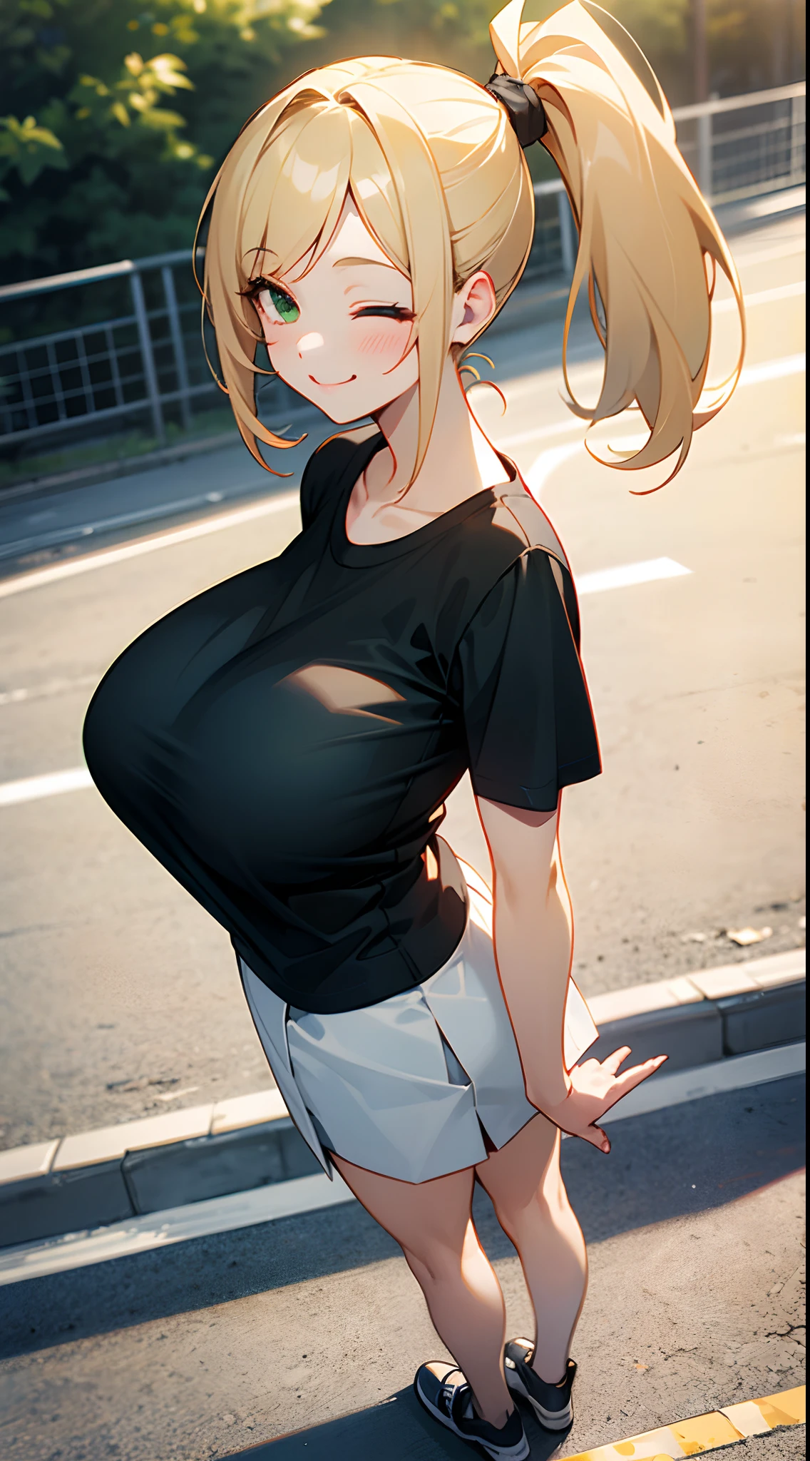 1 girl, game CG, plain black tee shirt, white short skirt, gigantic breasts, blonde, middle hair, side ponytail, green eyes, POV, smile, one eye closed, mouth open, full body, outdoors, looking back,