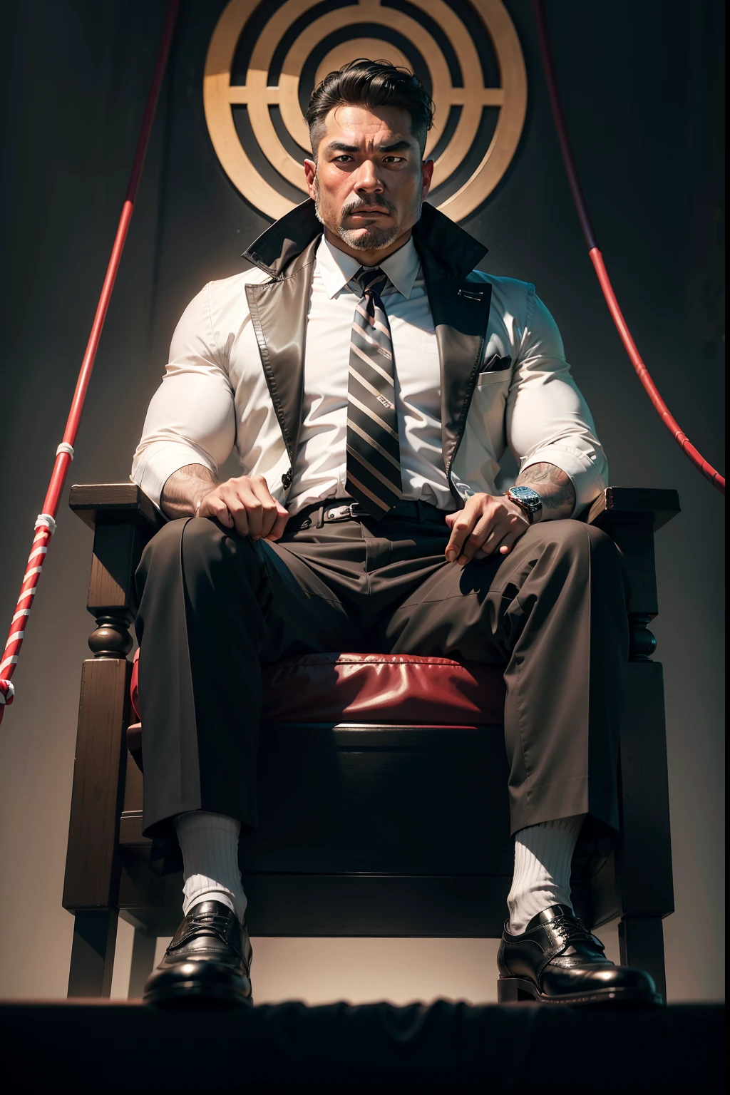 45-year-old middle-aged man，Man，Height 195，Asian people，sitting on a metal throne，God perspective，The eyes are about to face each other，Chinese men，musculature，Lift one foot，Wearing a black and white striped suit，Black and white striped trousers，red necktie，Wears a long red trench coat，long windbreaker，Black socks，Brown oxford shoes，Cord，Ferocious and ferocious，Club background，Horsewhip in hand