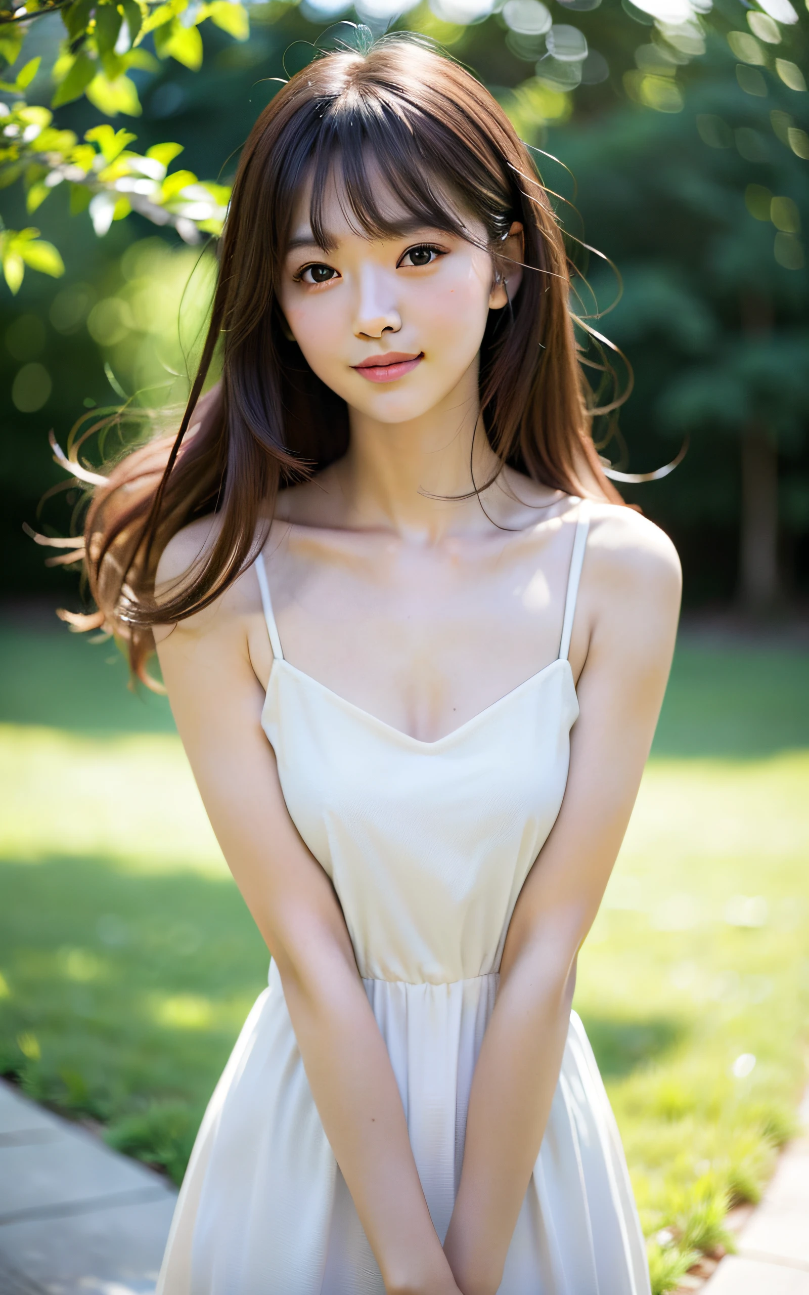 masterpiece, Best Quality, 8K, 22 yo, Raw photo, smile, Solo, cute, Idol face,  Delicate girl, neat and clean beauty, Upper body, Digital SLR, Looking away, Candid, Sophisticated, Thin arms, Professional Lighting, Film grain, (Eyes and faces with detailed:1.0), sway in the wind Medium length straight hair, (Bokeh:1.1)