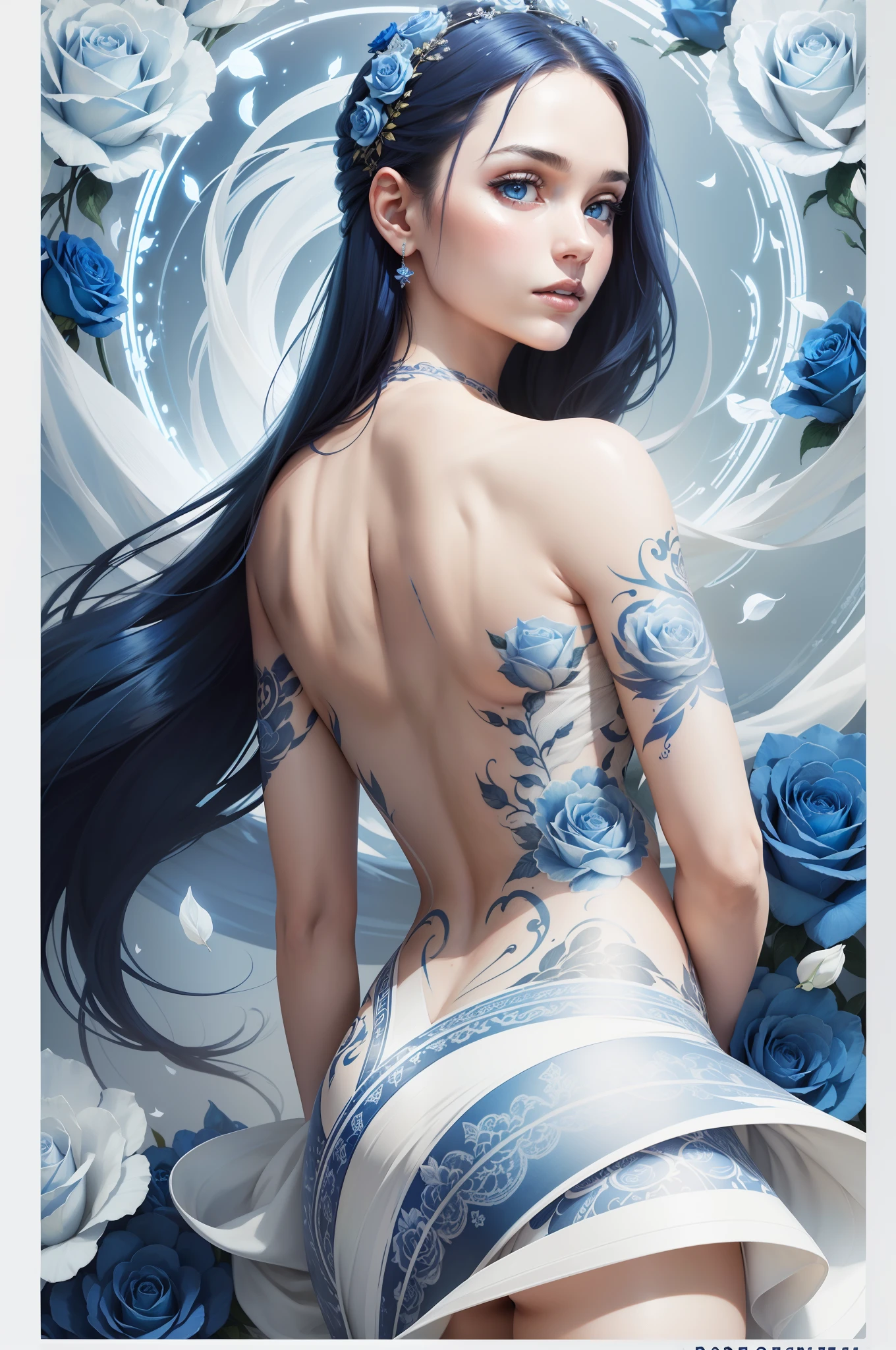 Strikingly Beautiful Woman on a sticker, straight neck, wearing a white and blue long flowing swirling gaussian dress, blue rose back tattoos, full portrait shot, looking straight at camera, facing camera,  halo of blue and white roses floating above head, long shot, sticker, poster art, blue and white ink, ink drawing, blue ink, 8k resolution, photorealistic, hyperdetailed, blue-white background blue rose tattoos on arms and shoulders,